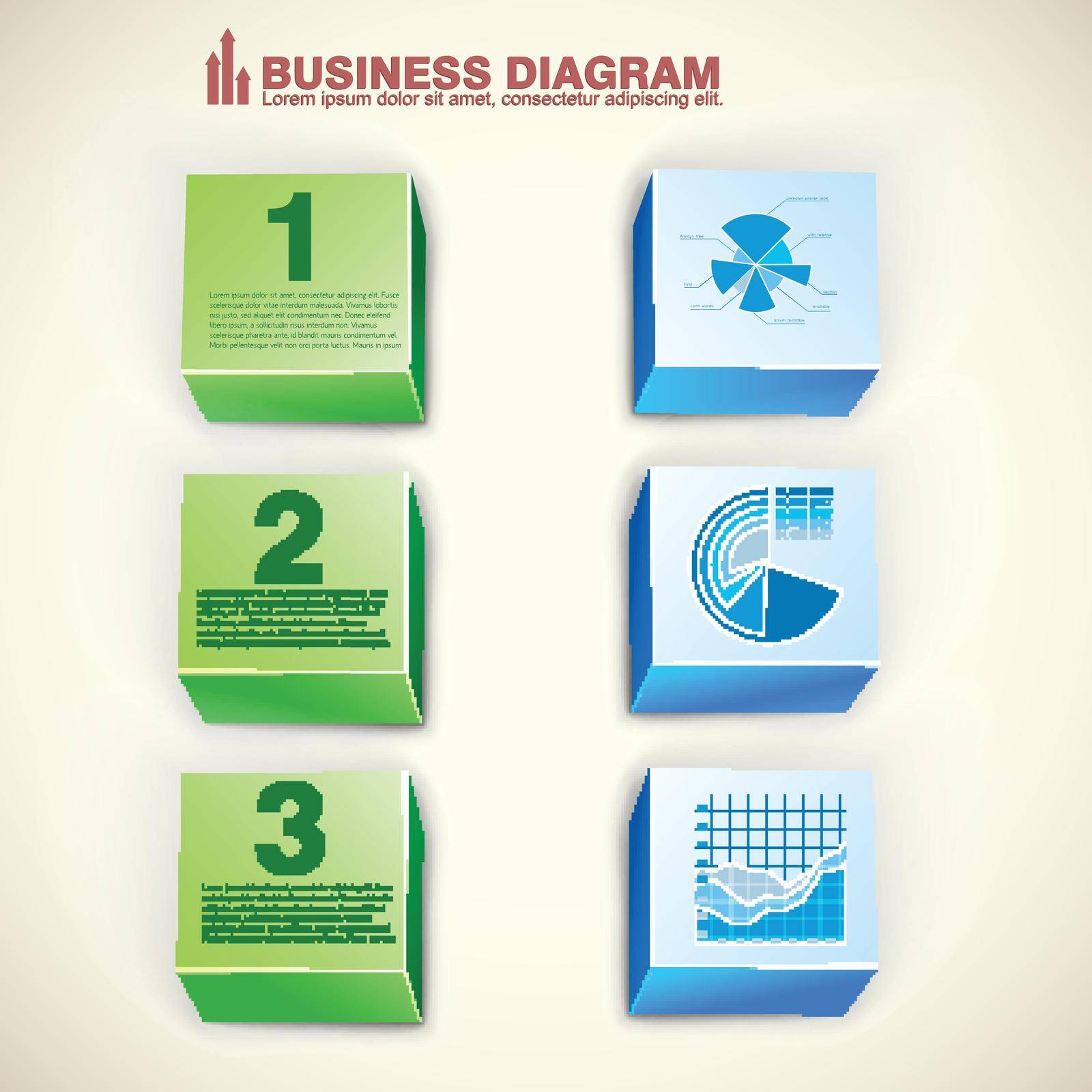 Abstract business infographics with 3d green and blue blocks three options diagram chart isolated vector illustration