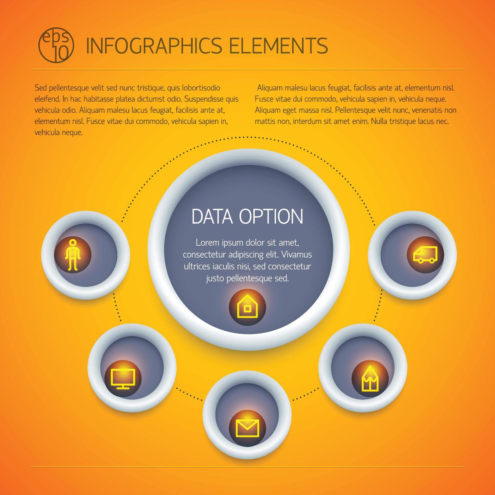 Abstract business infographics with circle diagram text icons five options on light orange background isolated vector illustration