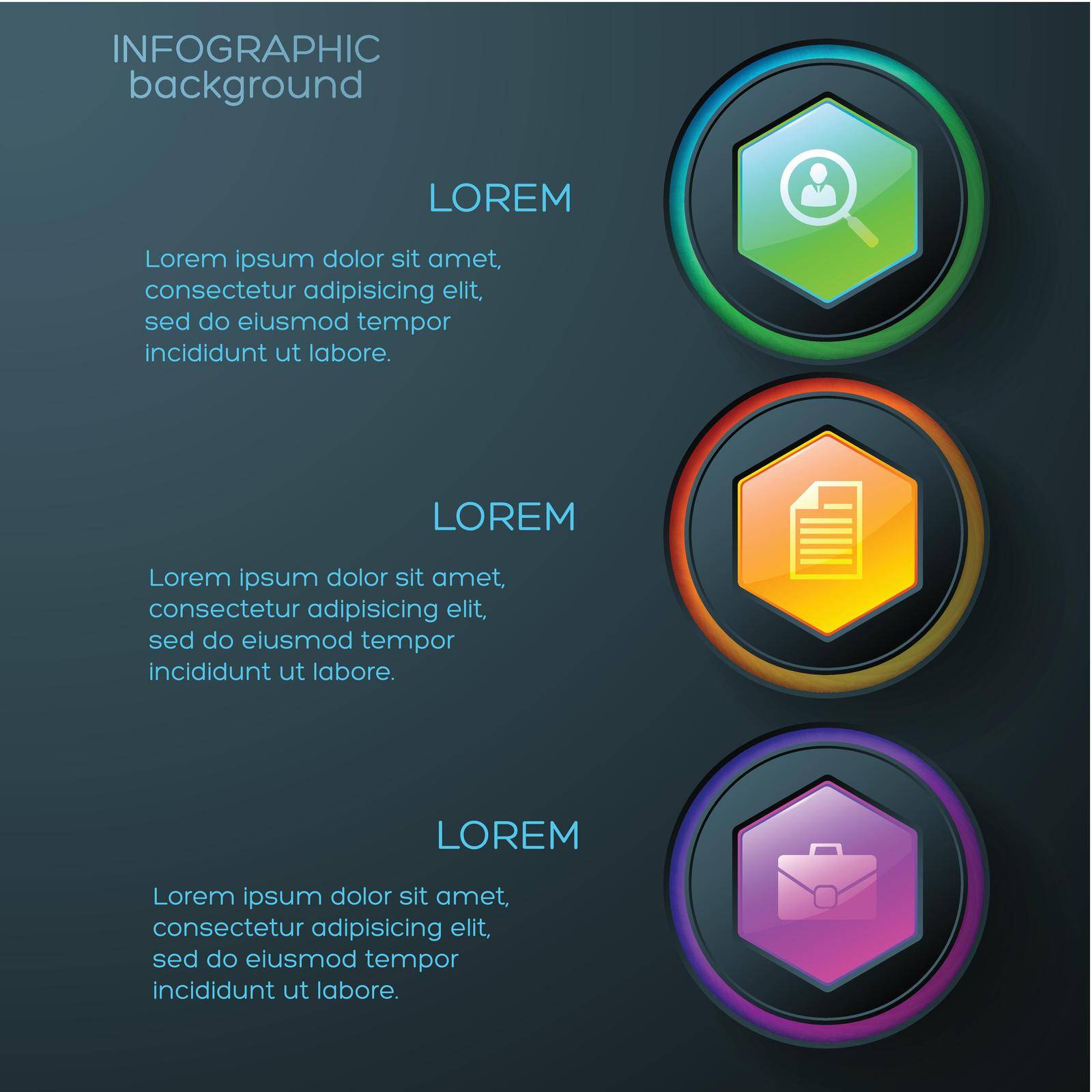 Web abstract infographics with business icons colorful glossy hexagons and rings on dark background vector illustration