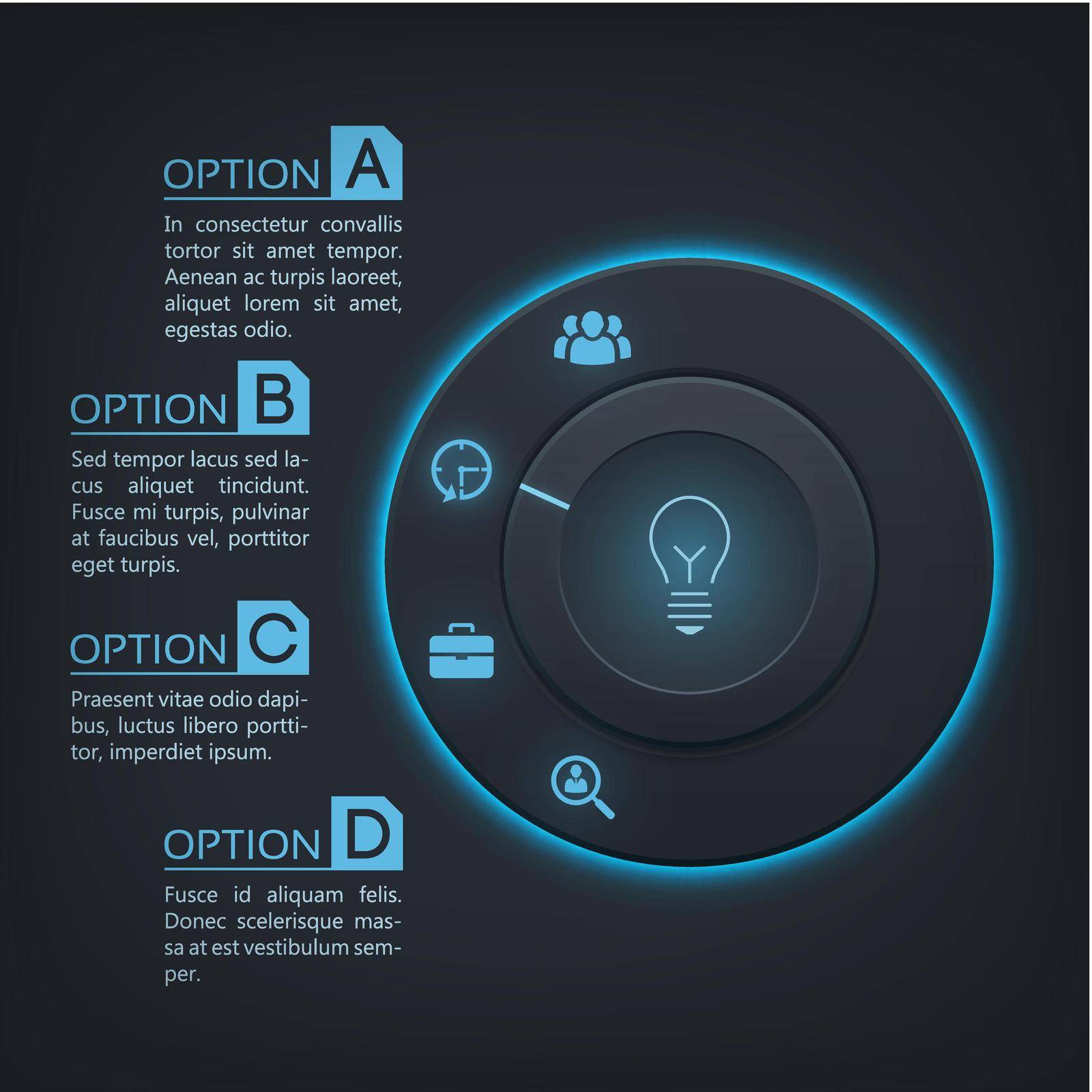 Web interface infographics with round button blue backlight four options and icons on dark background vector illustration