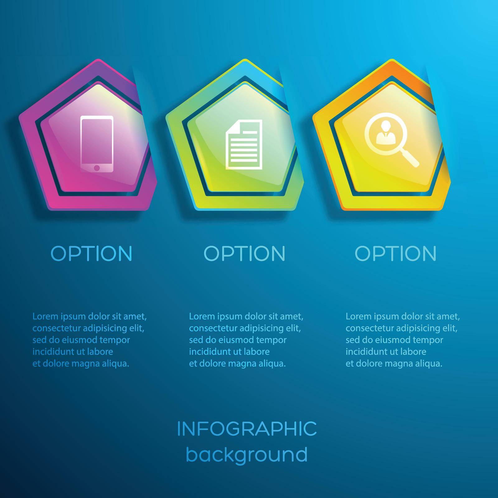 Web business infographics with icons three options and glossy colorful hexagons on blue background isolated vector illustration
