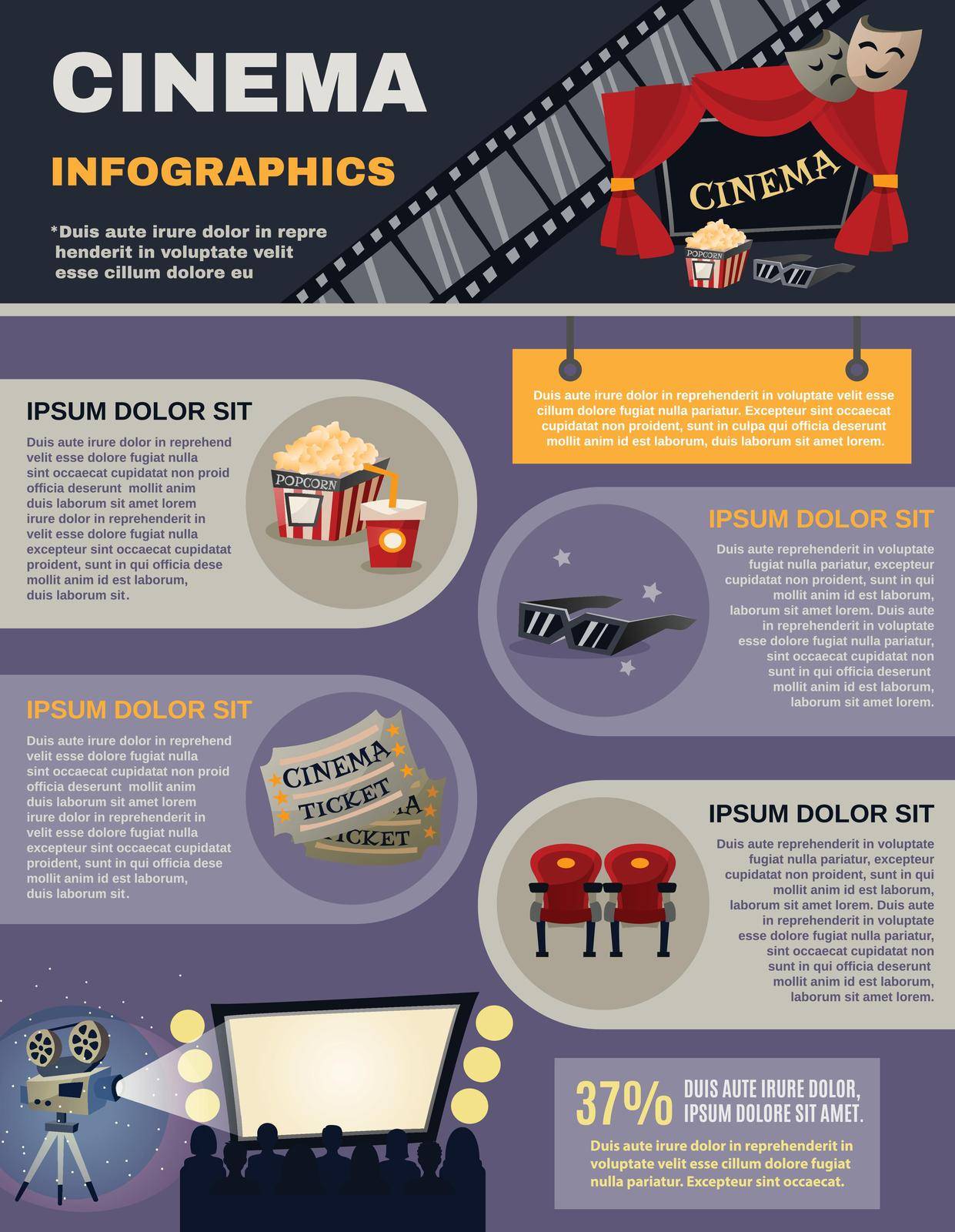Cinema infographics set with movie and film symbols vector illustration