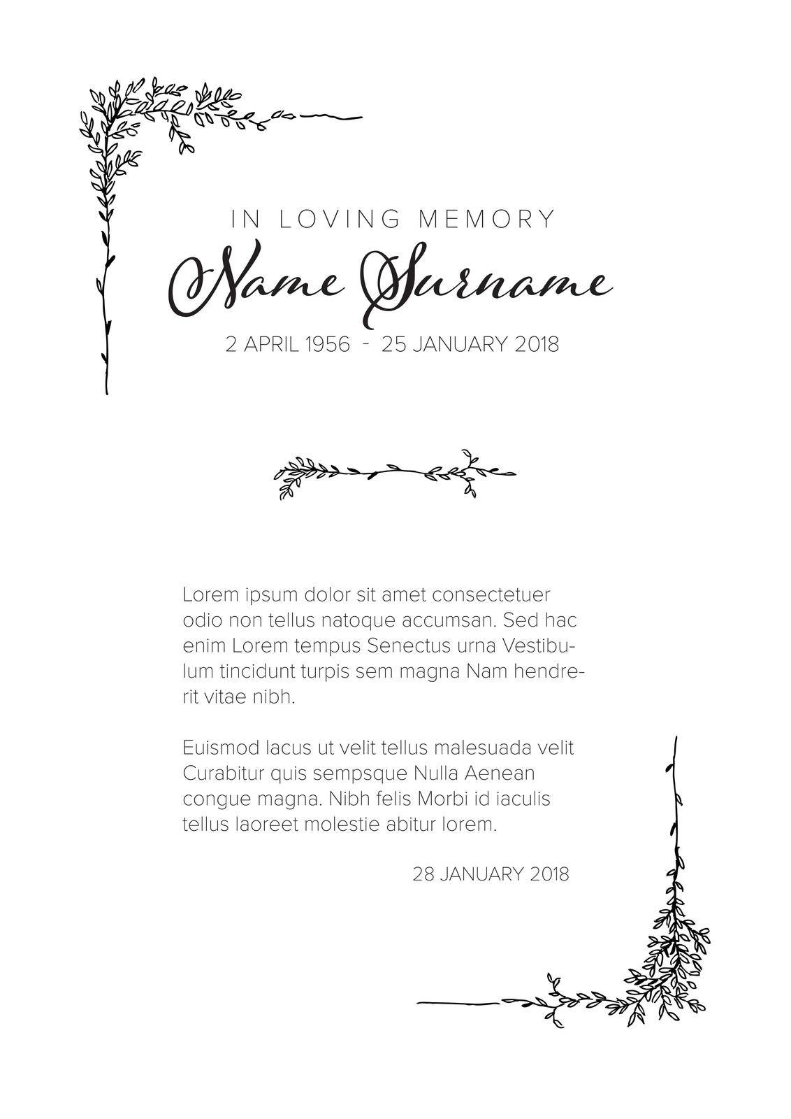 Funeral condolence death notice card template with handdrawn floral elements