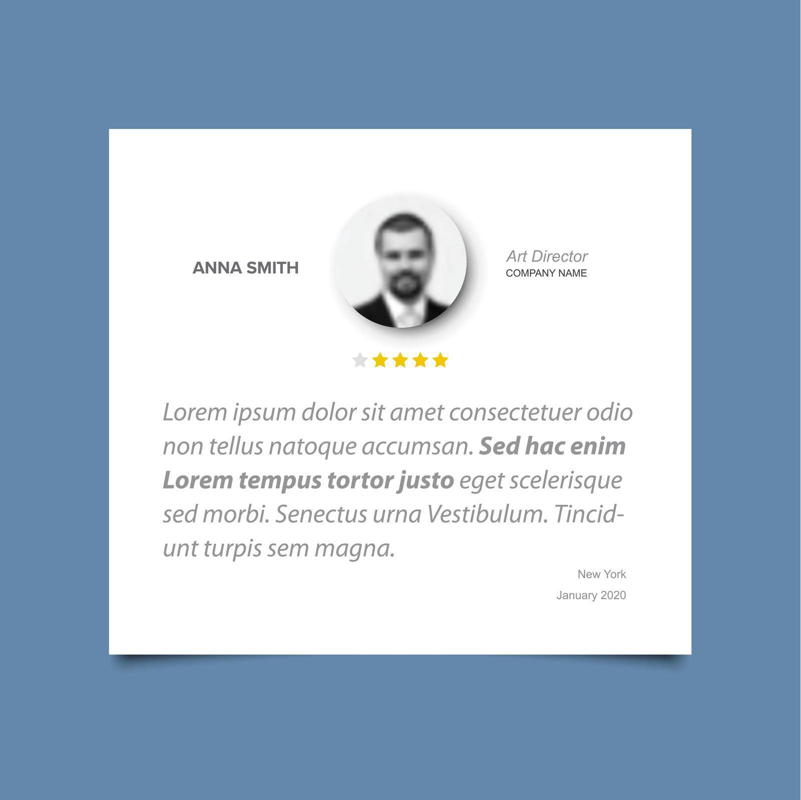 Simple white minimalistic testimonial review layout template with photo placeholder and rating
