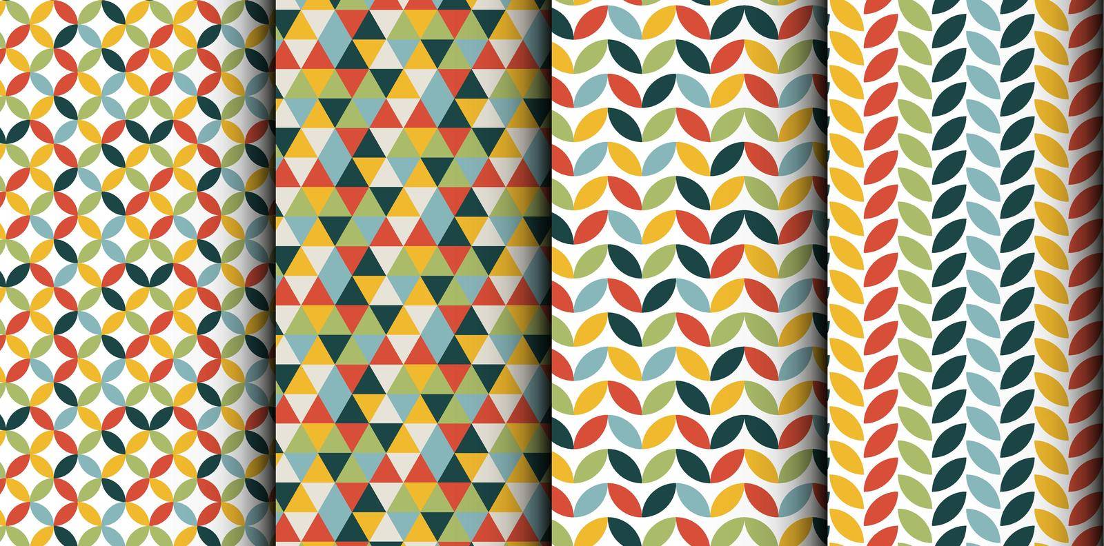 Four Retro minimalistic geometric abstract background seamless pattern tiles made from basic geometry shapes. Old retro styled patterns from 70s and 80s years