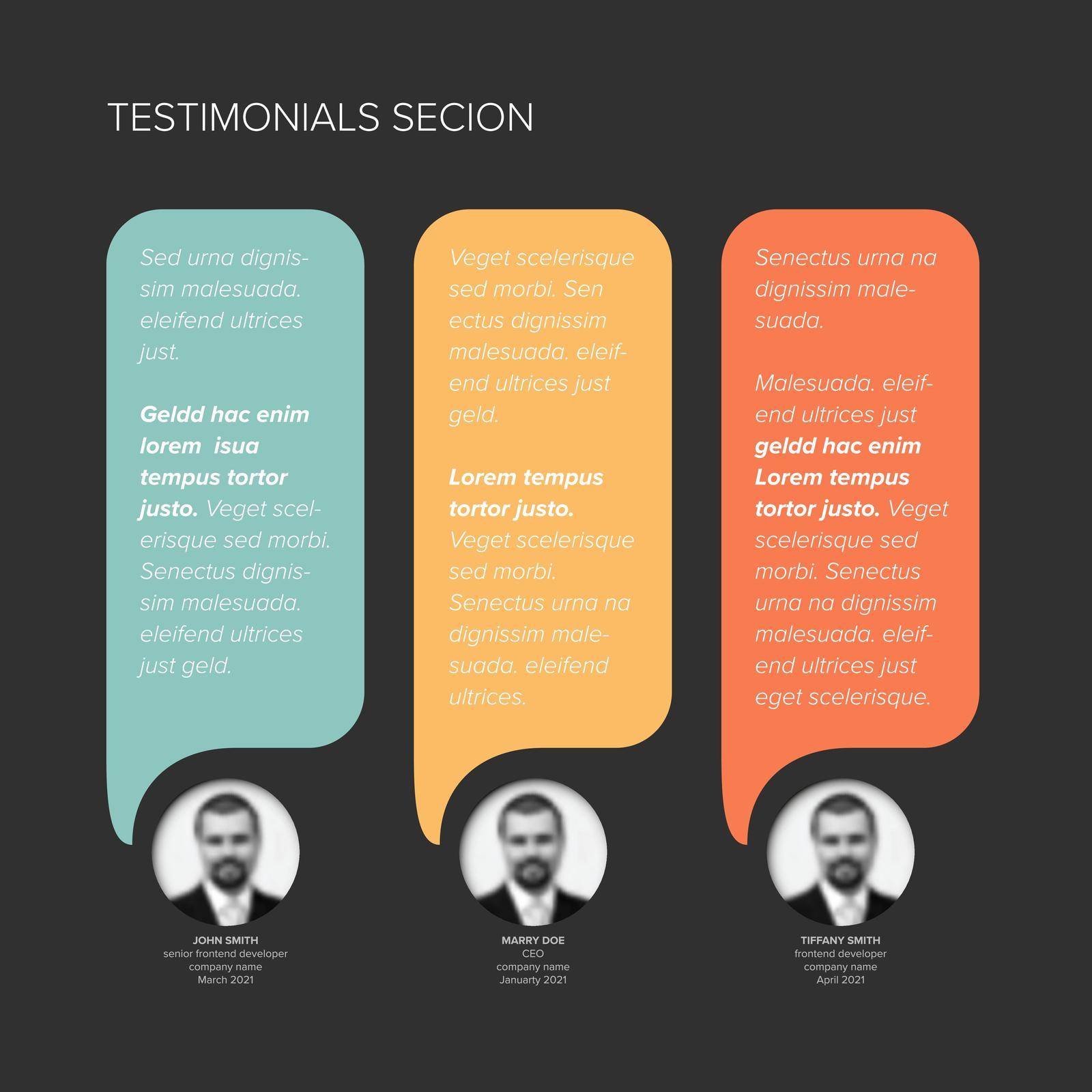 Dark Testimonial reviews section layout template with vertical speech bubbles by orson