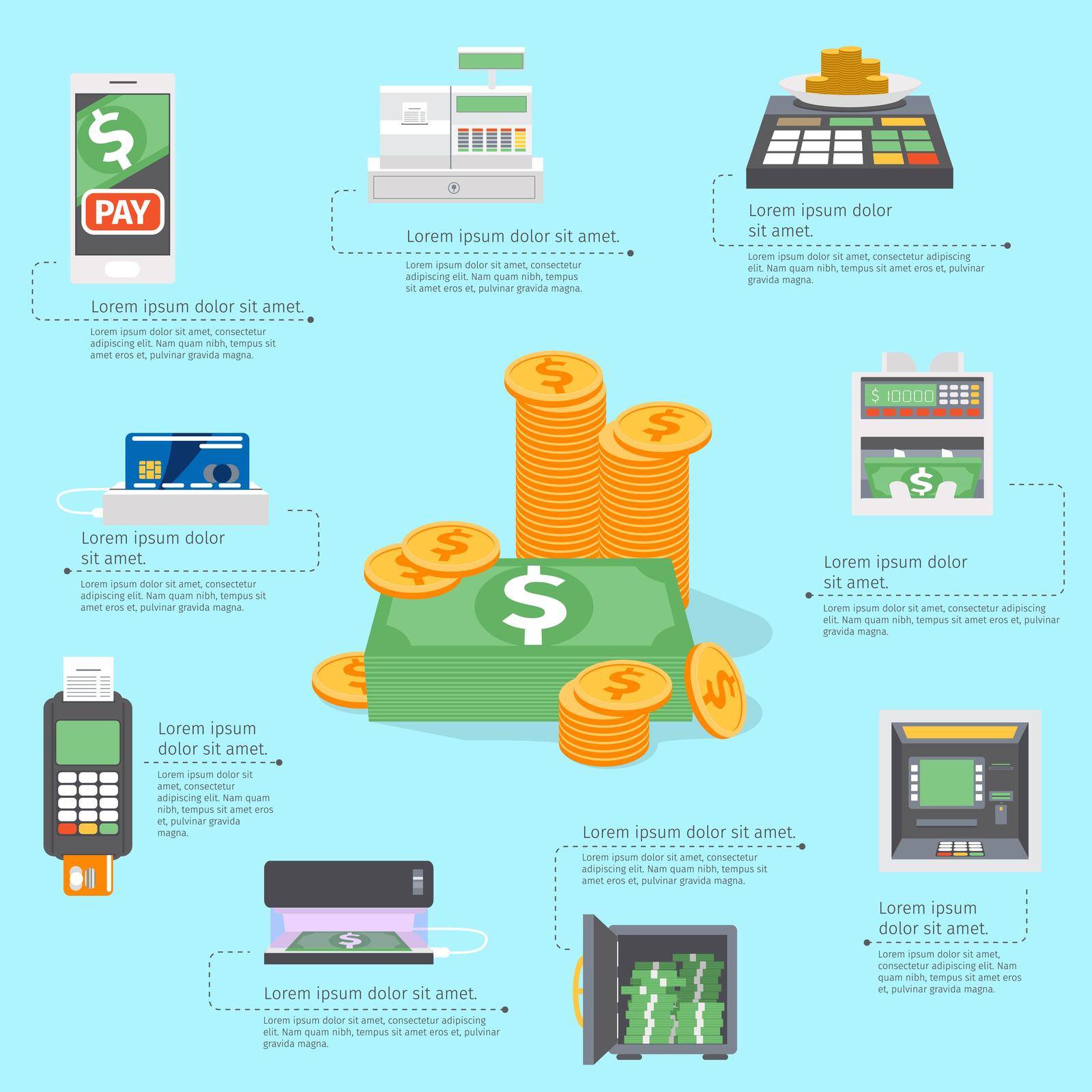 Cash machines infographics. Banking business, card atm payment, credit bank, buy and pay. Vector illustration