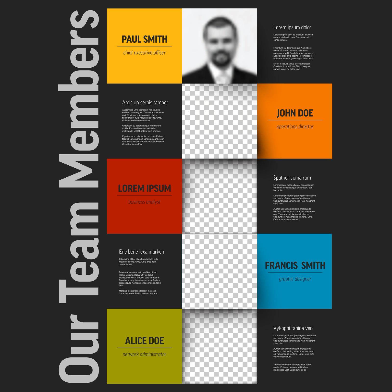 Company team members dark color mosaic presentation template with team profile photos placeholders and some sample text about each team member - solid mosaic version with team photos