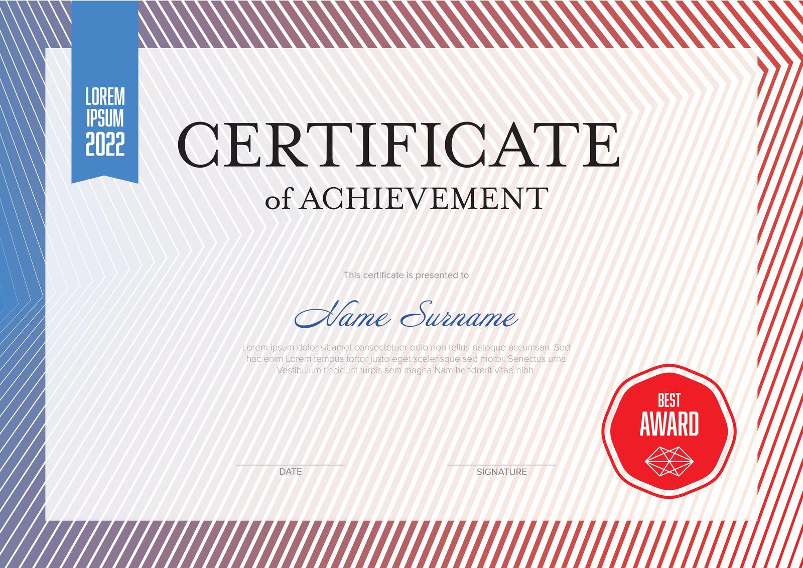 Modern certificate of achievement template with place for your content - blue red design. Light layout template for any premium certificate, diploma, graduation or achievement document for print