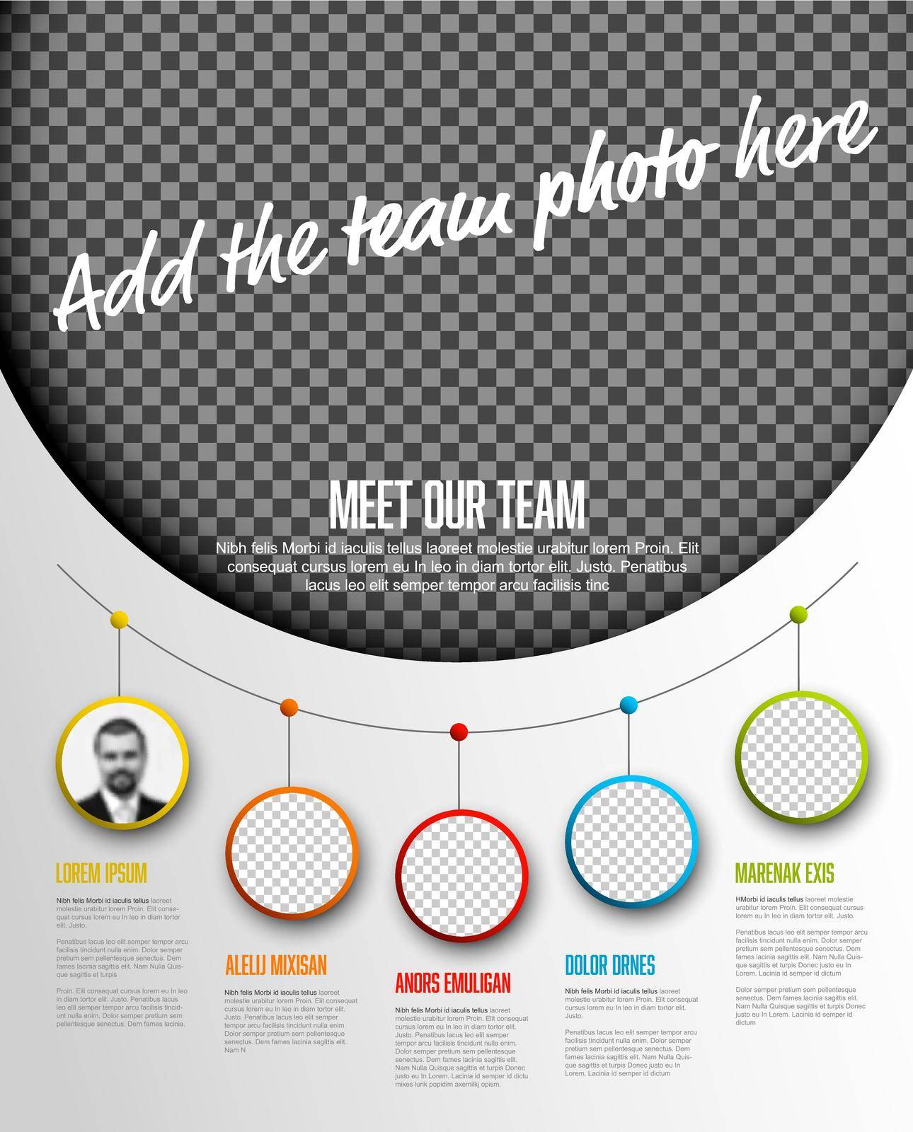 Company team presentation template with big team photo and team profile photos circle placeholders with some sample text about each team member - photo team members placeholders with descriptions