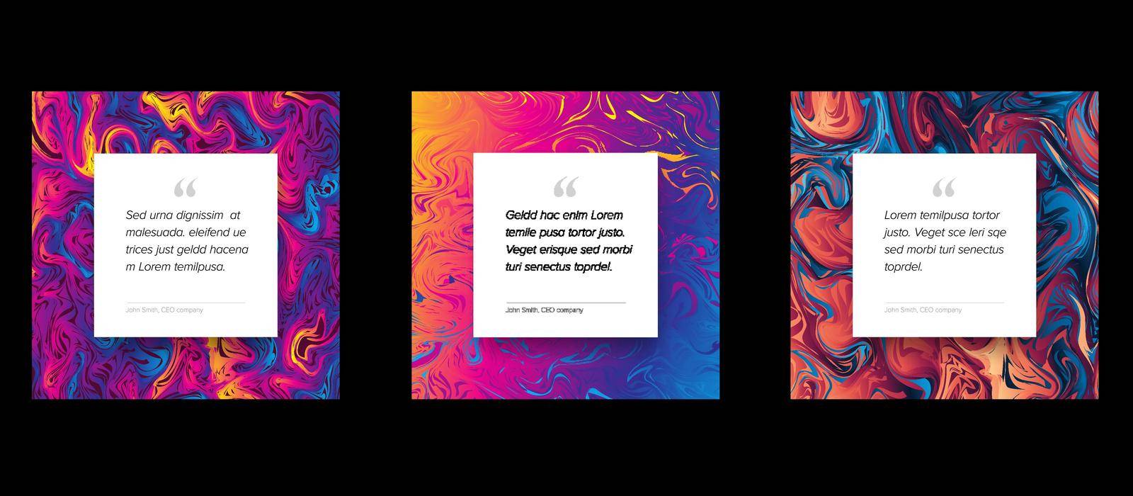 Three Social media design quote layout template. Square qotation presentations with colorful pattern frame and white content placeholder for your text. Minialistic designed quote motto templates
