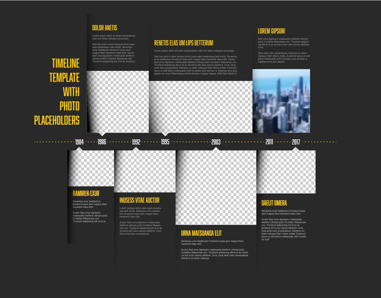 Vector simple dark infographic time line template with rectangle photo placeholders and yellow accent. Business company timeline overview profile with photos and text blocks. Multipurpose photo timeline infograph or infochart.