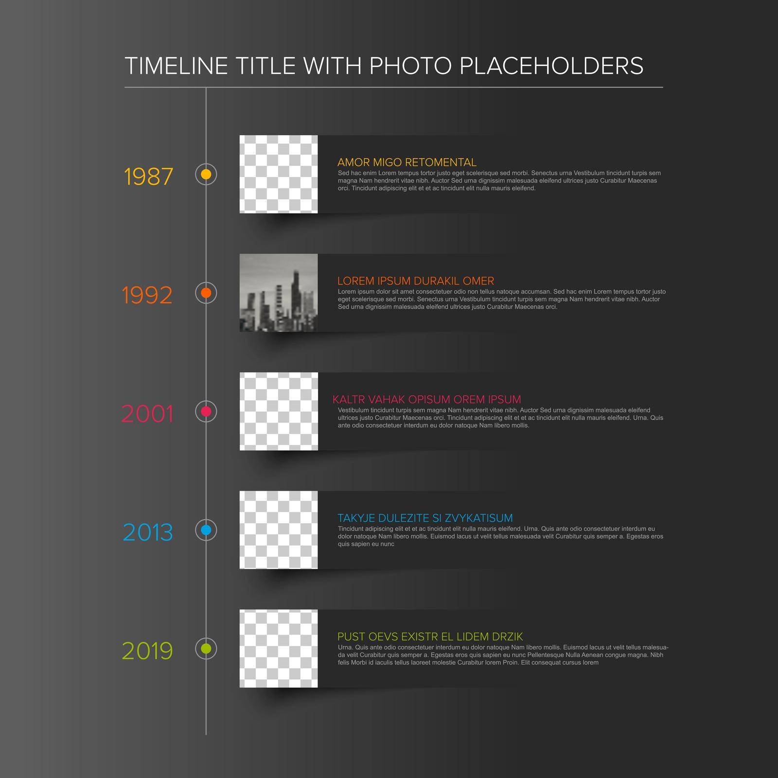 Vector simple dark infographic vertical time line template with square photo placeholders on paper stripes. Business company timeline overview profile with photos and text blocks. Multipurpose photo timeline infograph or infochart.