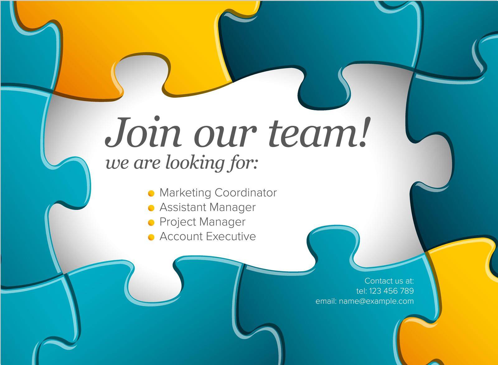 We are hiring minimalistic blue and yellow color flyer template with puzzle pieces - looking for new members of our team hiring a new member colleages to our company organization team simple motive with puzzles