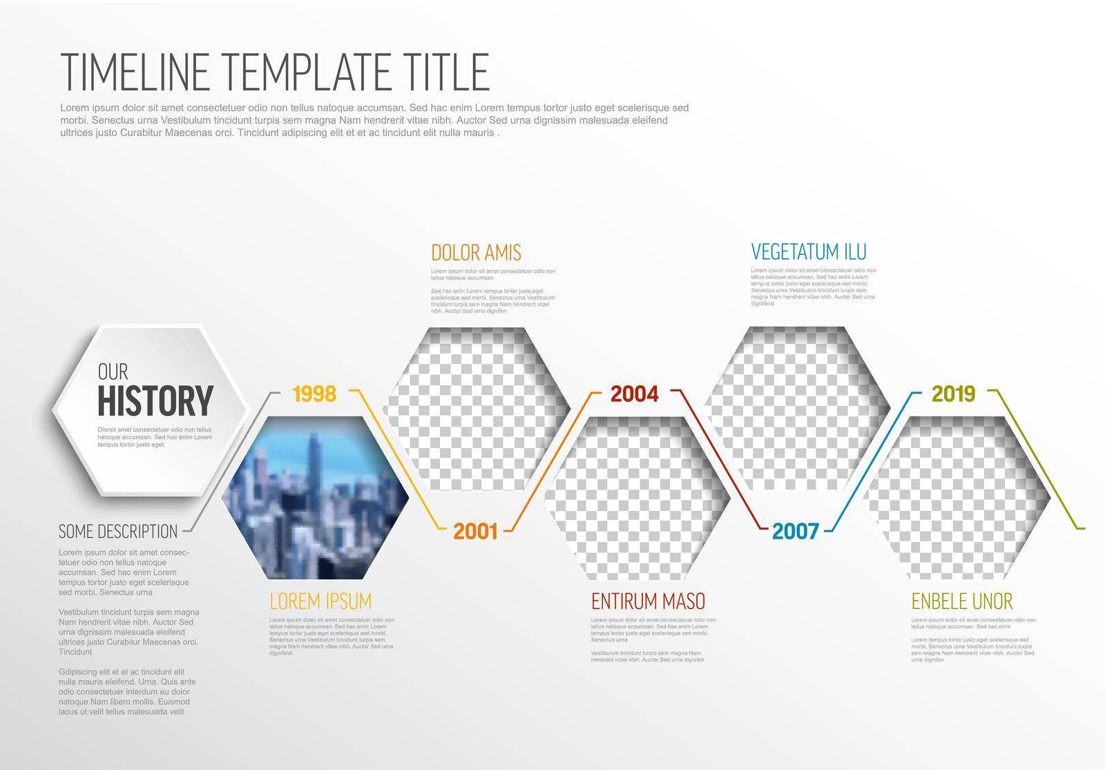 Vector Infographic timeline template made from hexagon photo placeholders with text content - light version with simple color line. Time line infochart with pictures in hexagon windows.