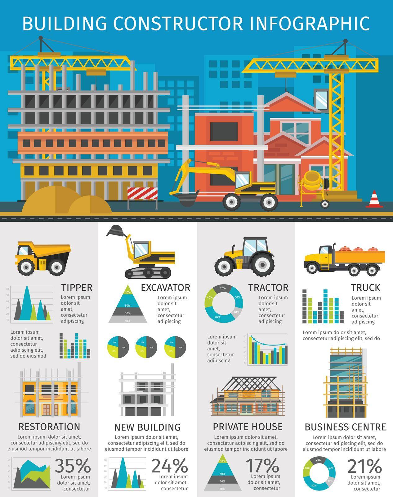 Building constructor infographics with site on blue background machinery and facilities charts and statistics vector illustration