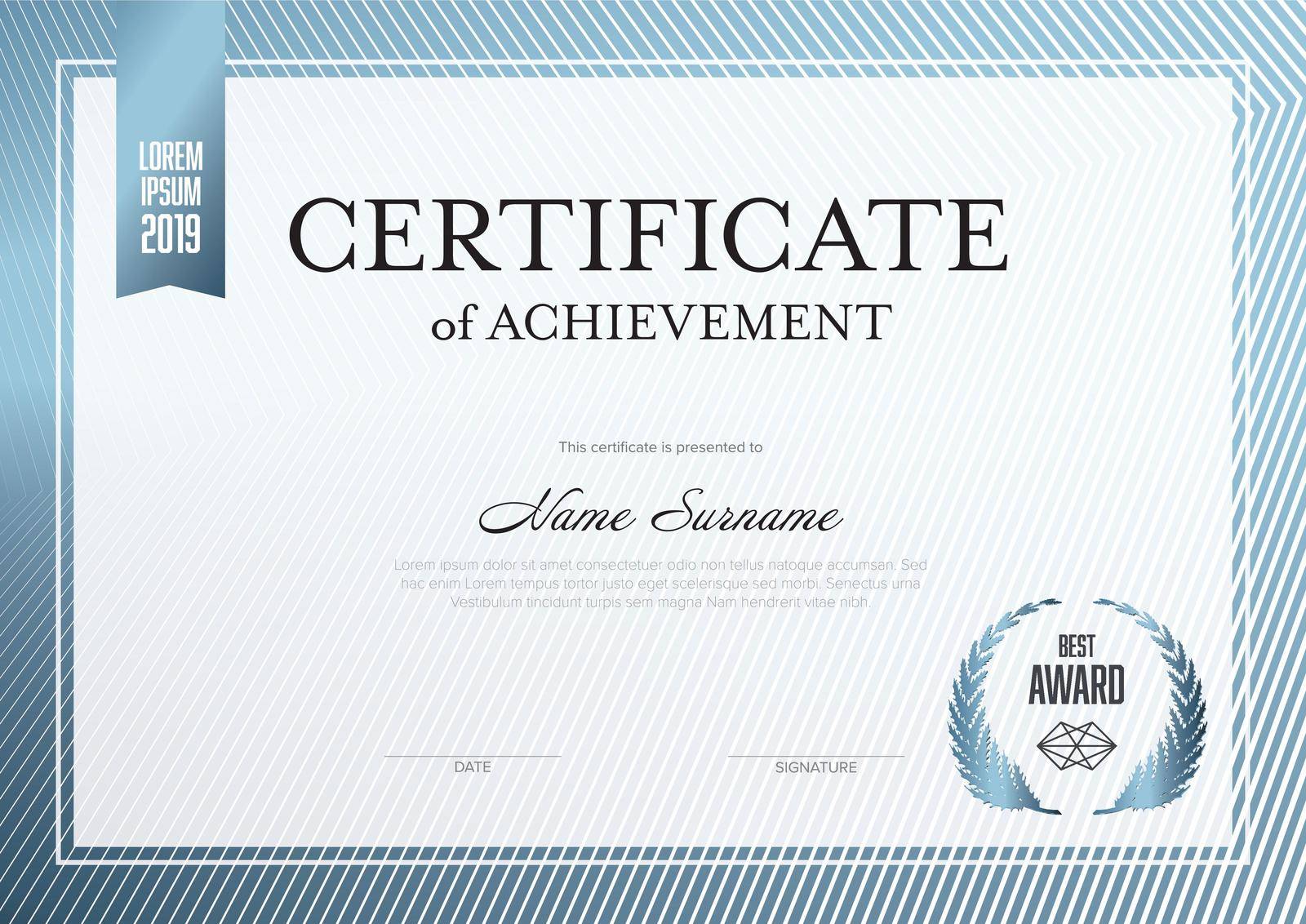 Modern certificate of achievement template with place for your content - metallic blue design. Light white blue layout template for any premium certificate, diploma, graduation or achievement document for print