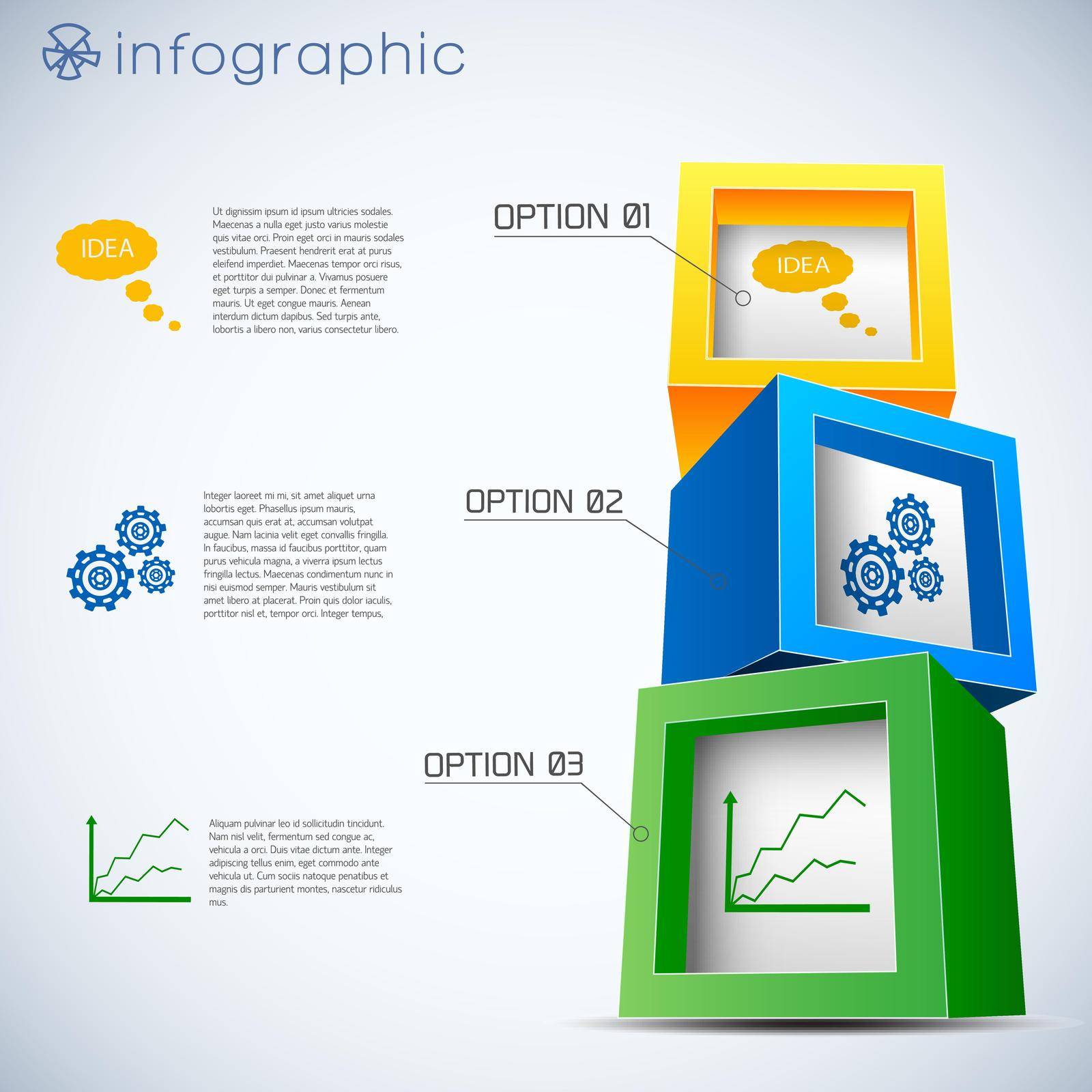 Infographics with 3d composition from cubes with information icons inside on white background vector illustration