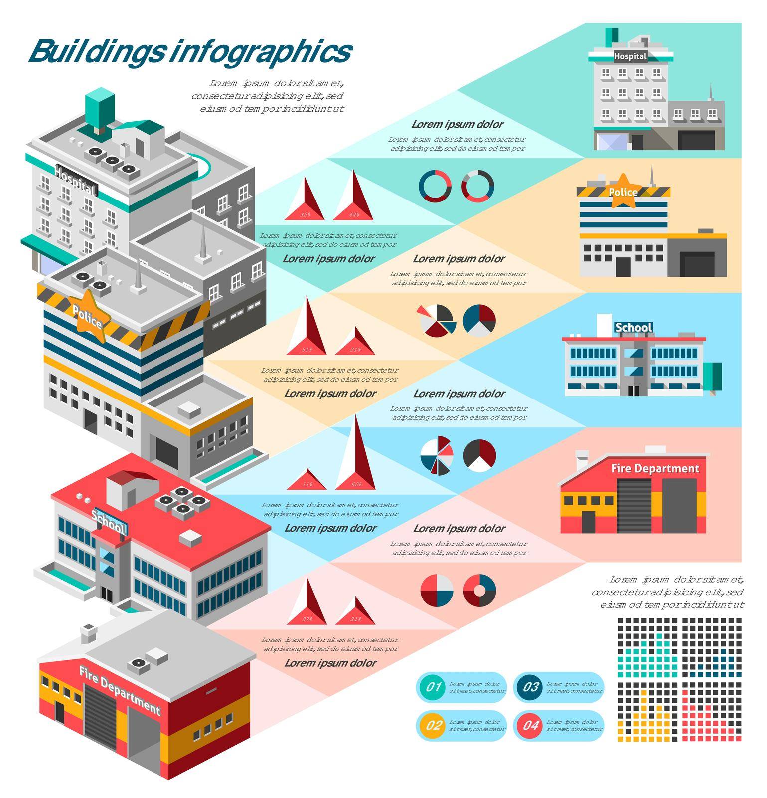 Buildings infographics set with charts and isometric hospital fire station school vector illustration