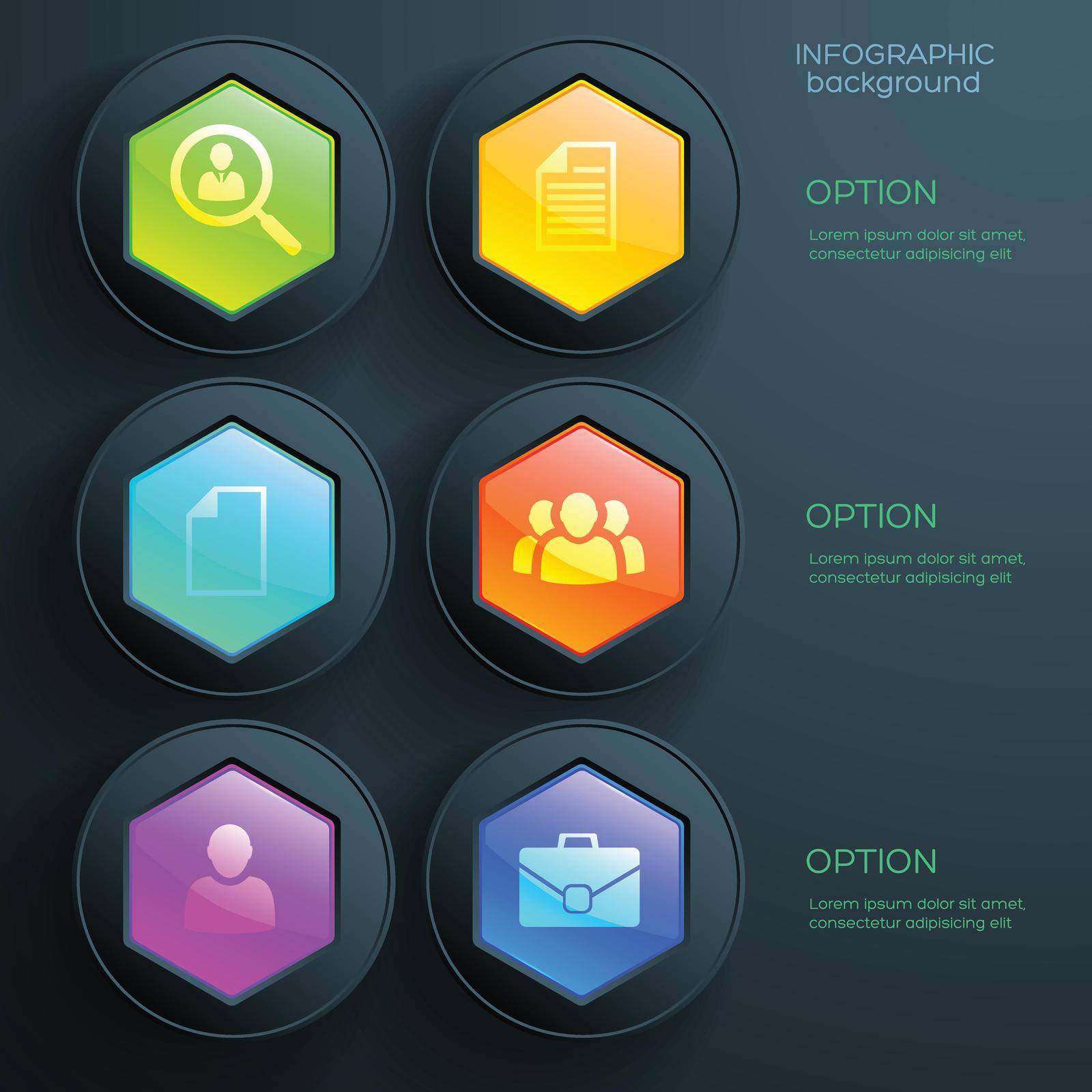 Business abstract infographics with six colorful glossy hexagonal web elements and icons vector illustration