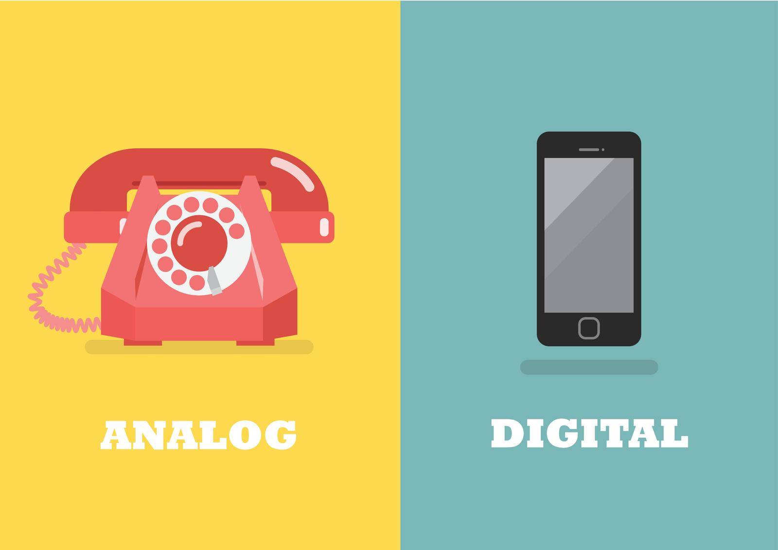 Retro phone in Analog Age and modern phone in Digital Age by siraanamwong