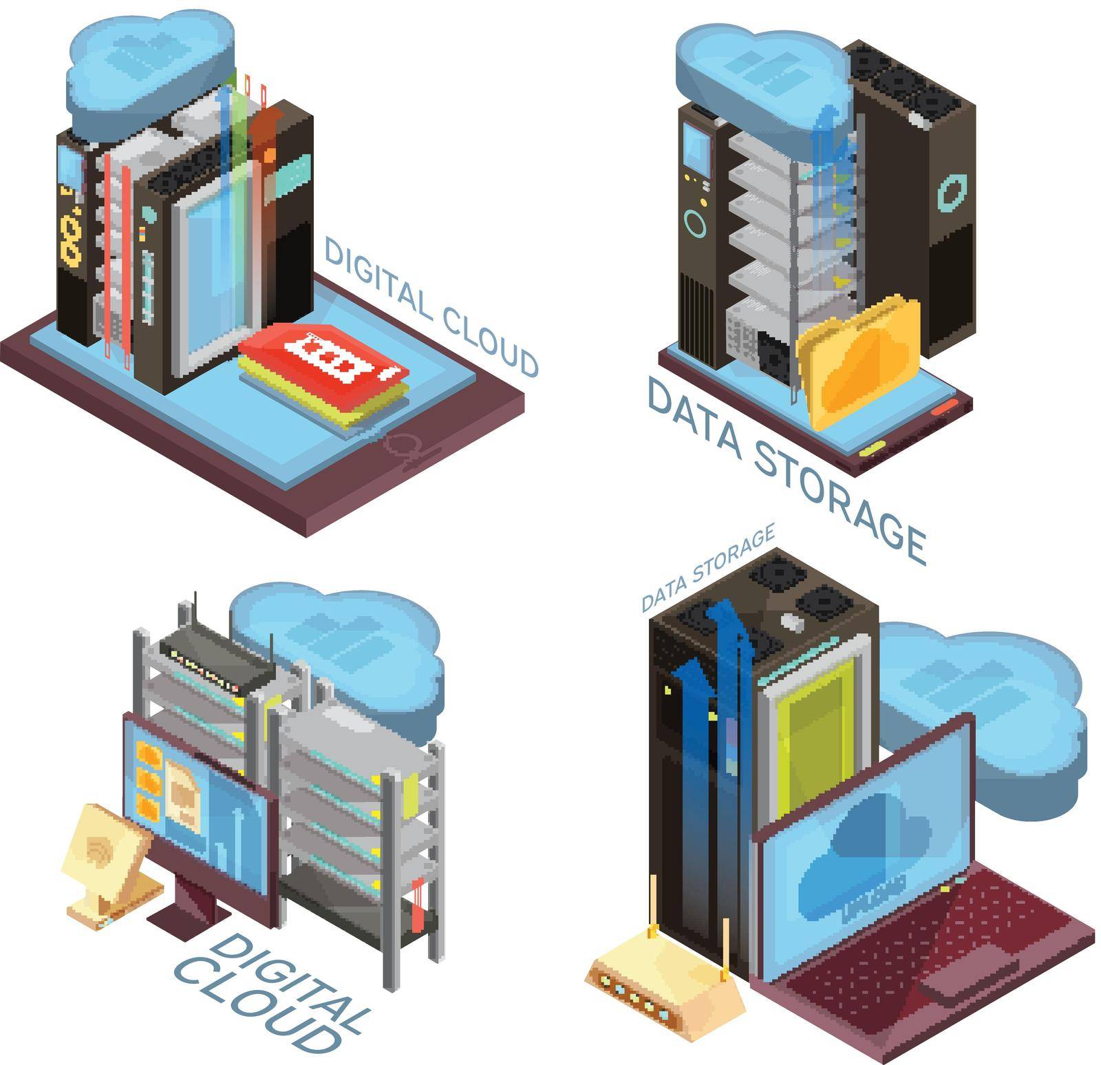 Data cloud service isometric concept with hosting server, information transfer, computer and mobile devices isolated vector illustration  