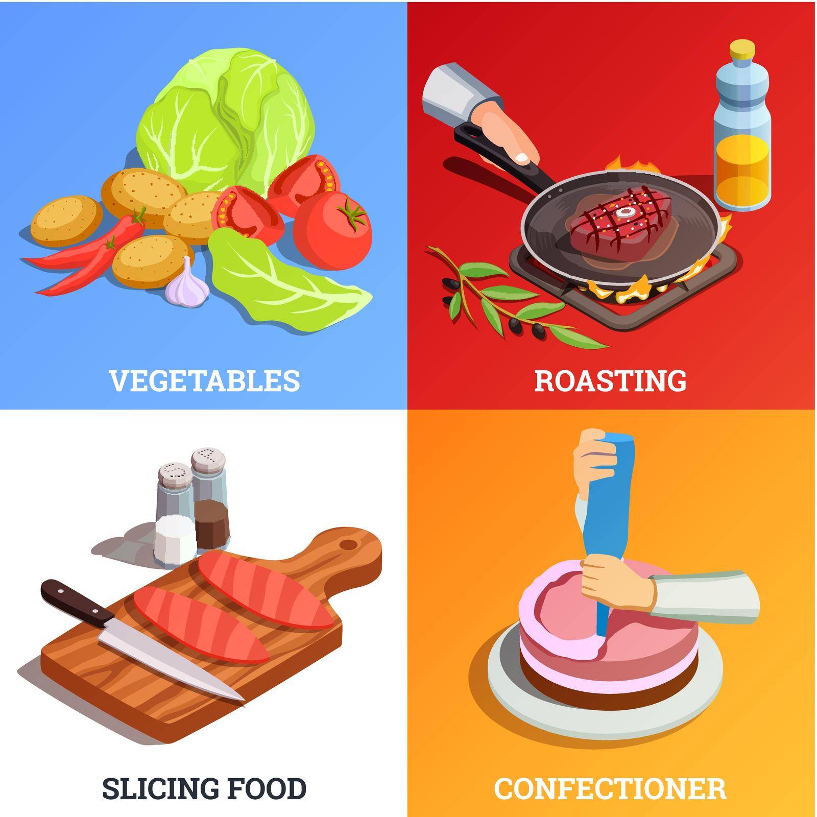 Professionlal cooking people chef pizzaiolo isometric people 2x2 design concept with various dishes and text captions vector illustration