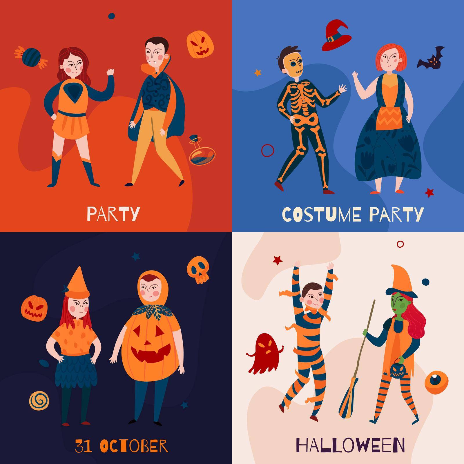 Halloween kids conceptual composition with human characters and traditional costumes with ornate text captions and icons vector illustration