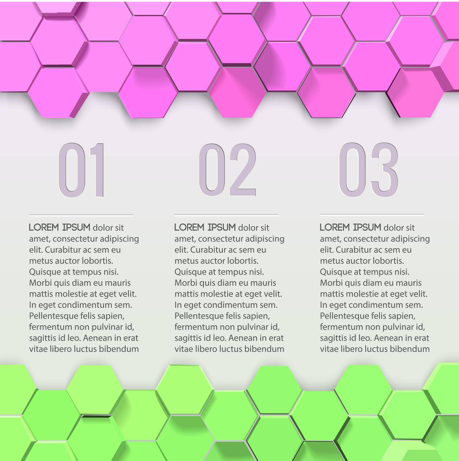 Business infographics with text numbered steps pink and green 3d hexagons on white background vector illustration