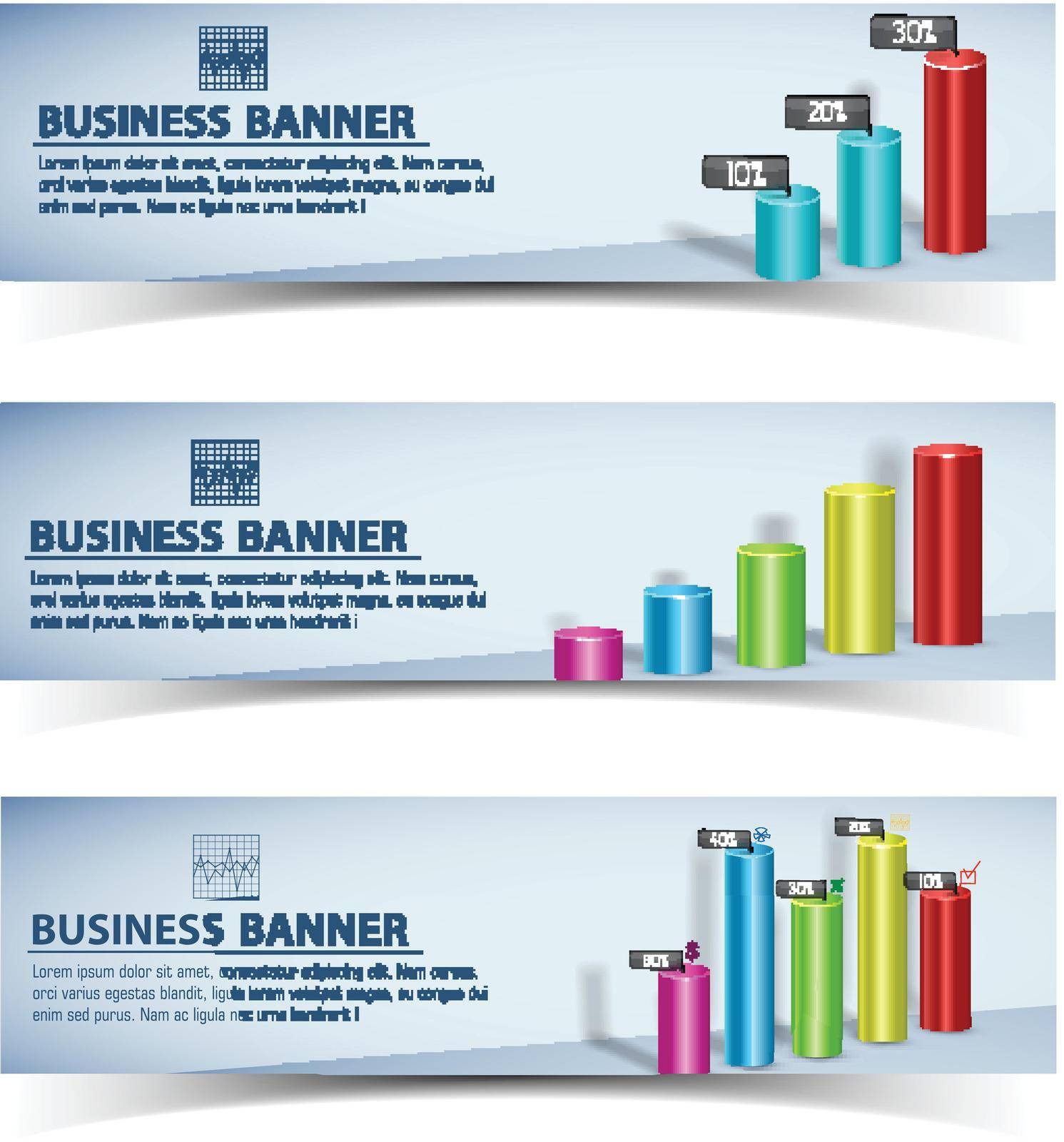 Business infographic template with horizontal banners text colorful 3d chart graph isolated vector illustration