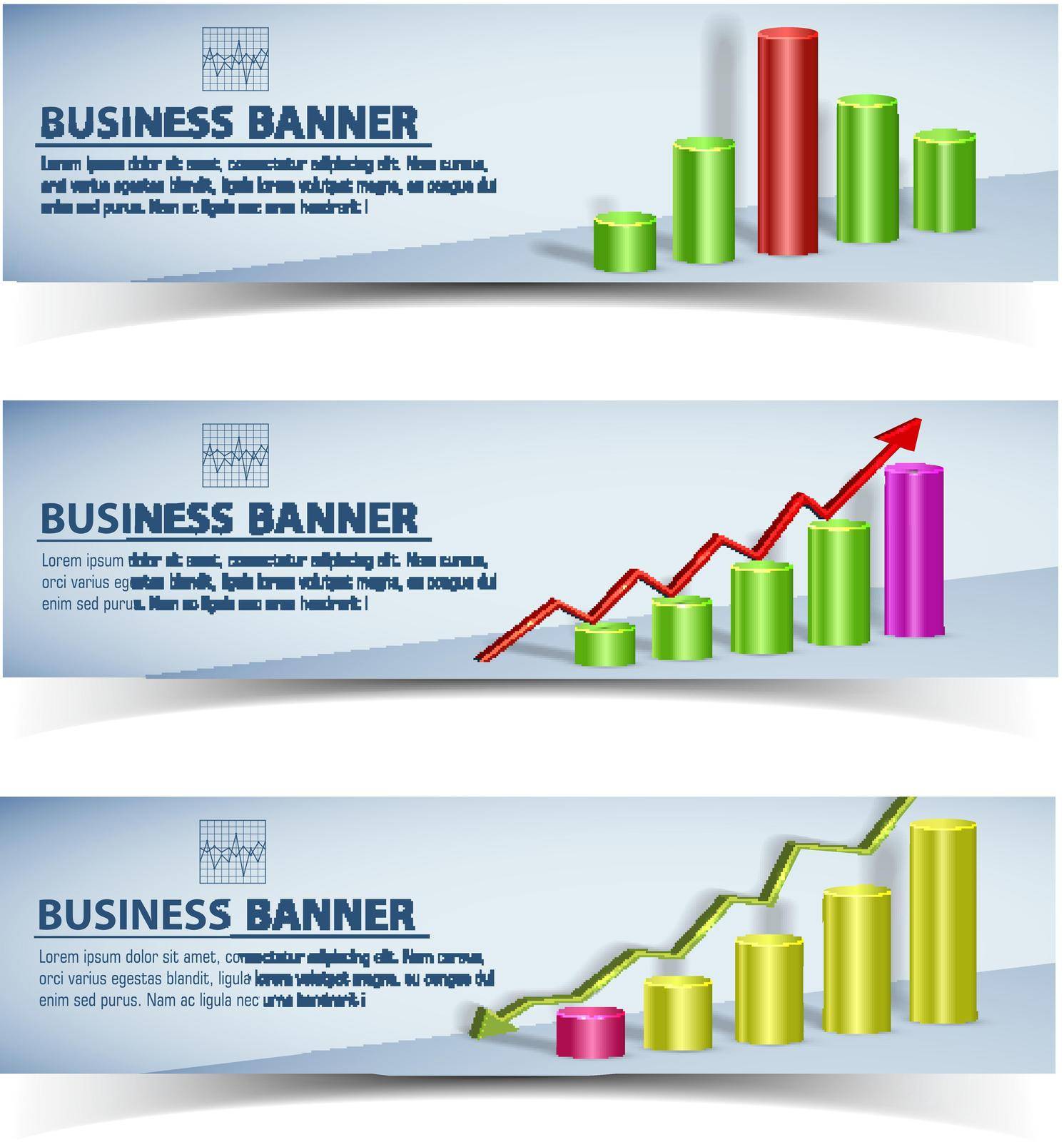 Business infographic horizontal banners with colorful 3d chart graph and arrows isolated vector illustration