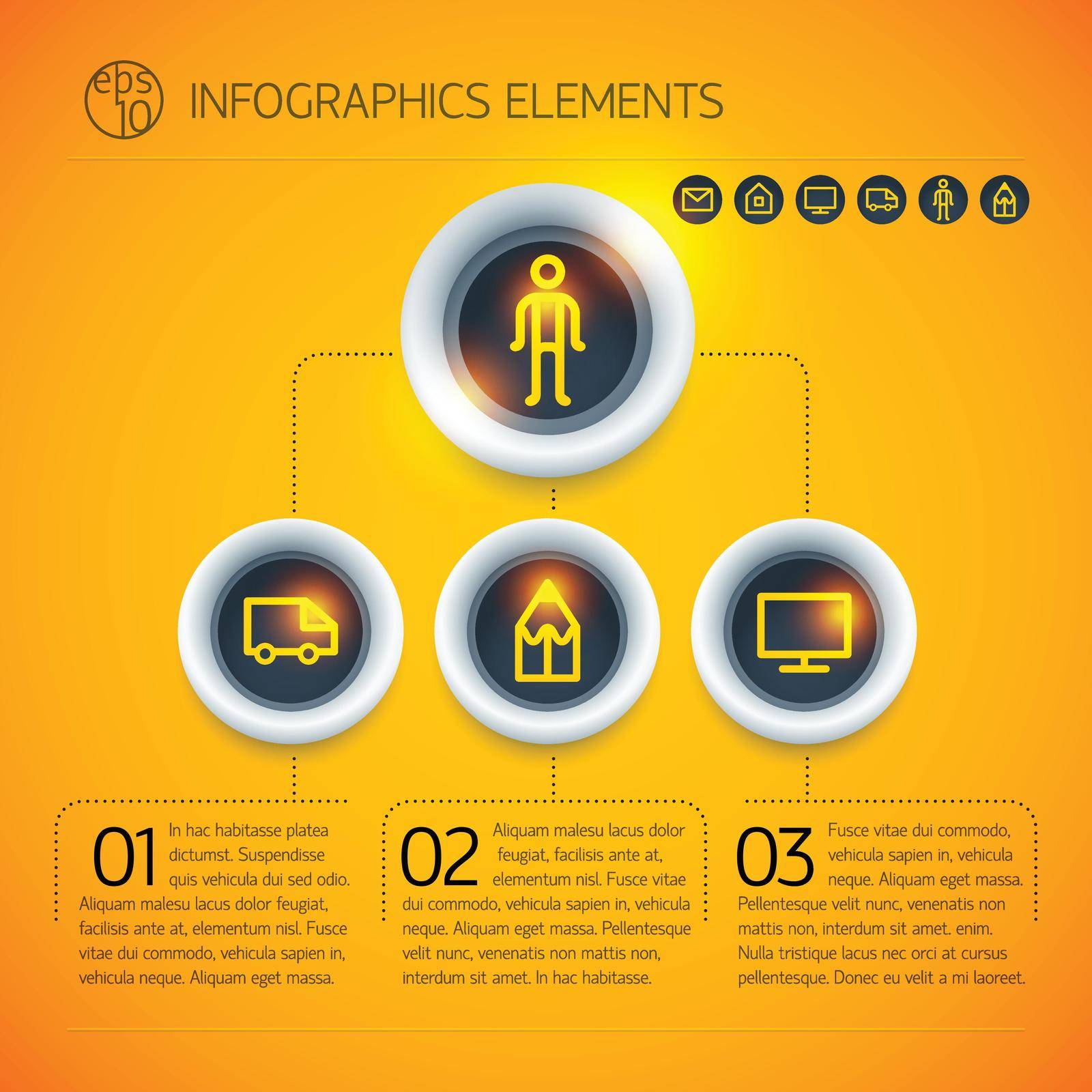 Business infographic diagram template with connected circles text and icons on bright orange background isolated vector illustration