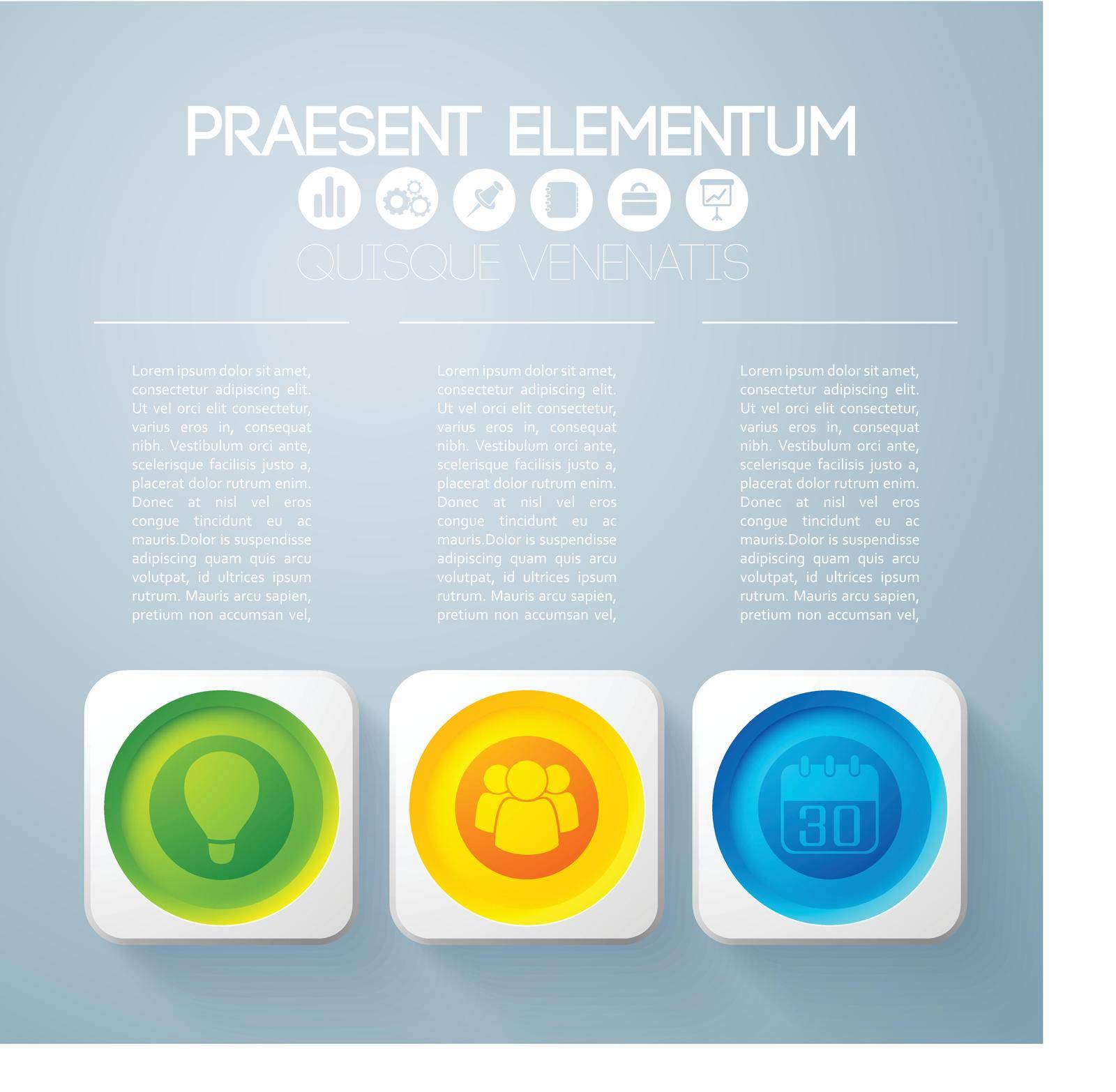 Business infographic concept with text three colorful round buttons in square frames and icons vector illustration