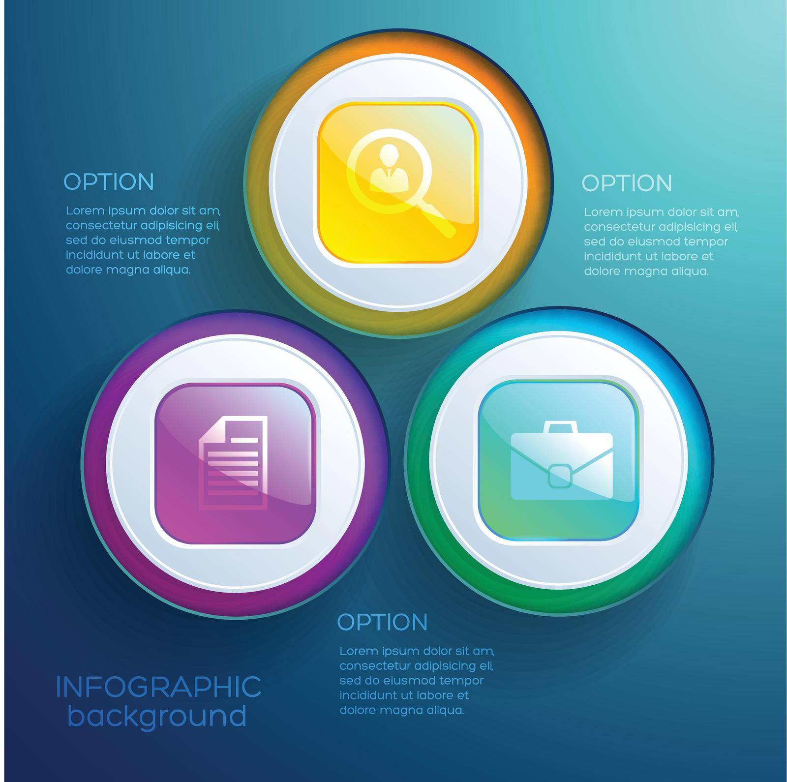 Business infographic web design concept with three options colorful glossy buttons and icons isolated vector illustration