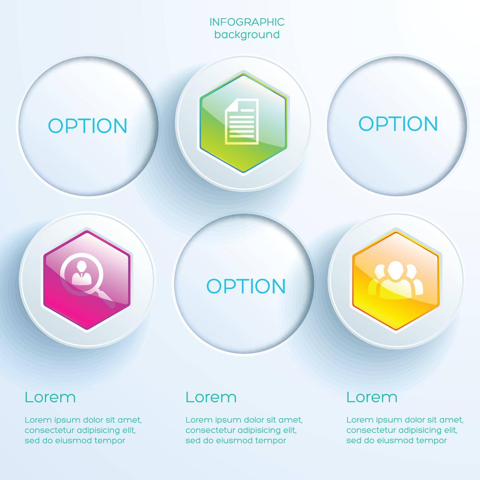 Business infographic concept with icons three options colorful glossy hexagons and light circles vector illustration