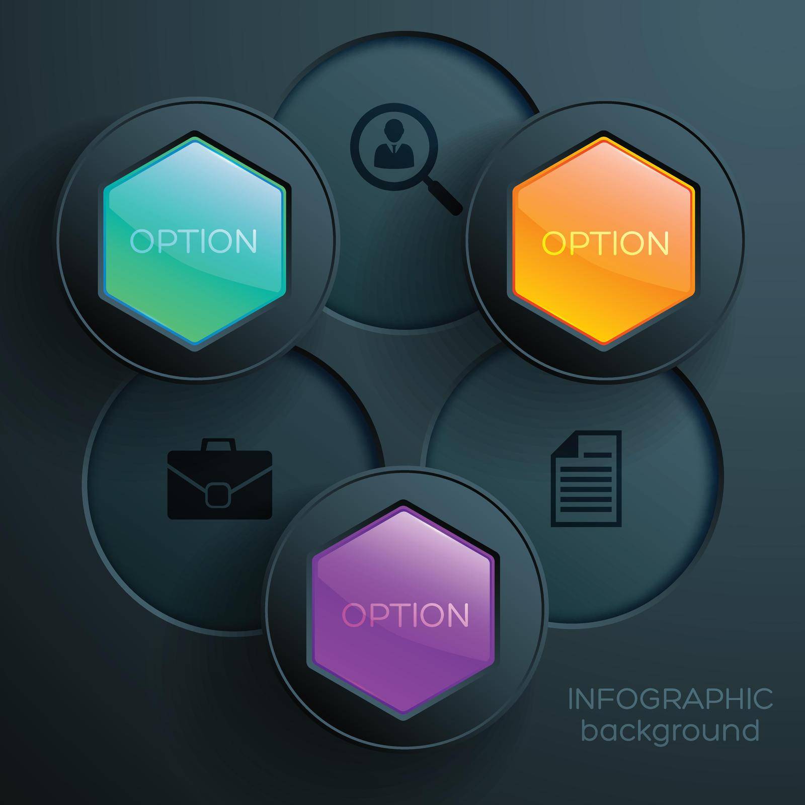 Business web infographic concept with icons colorful glossy hexagons and round buttons on dark background vector illustration