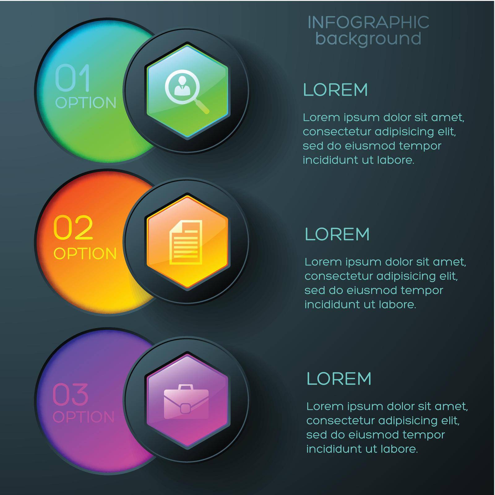Abstract business infographics with icons colorful glossy hexagons and round buttons on dark background vector illustration