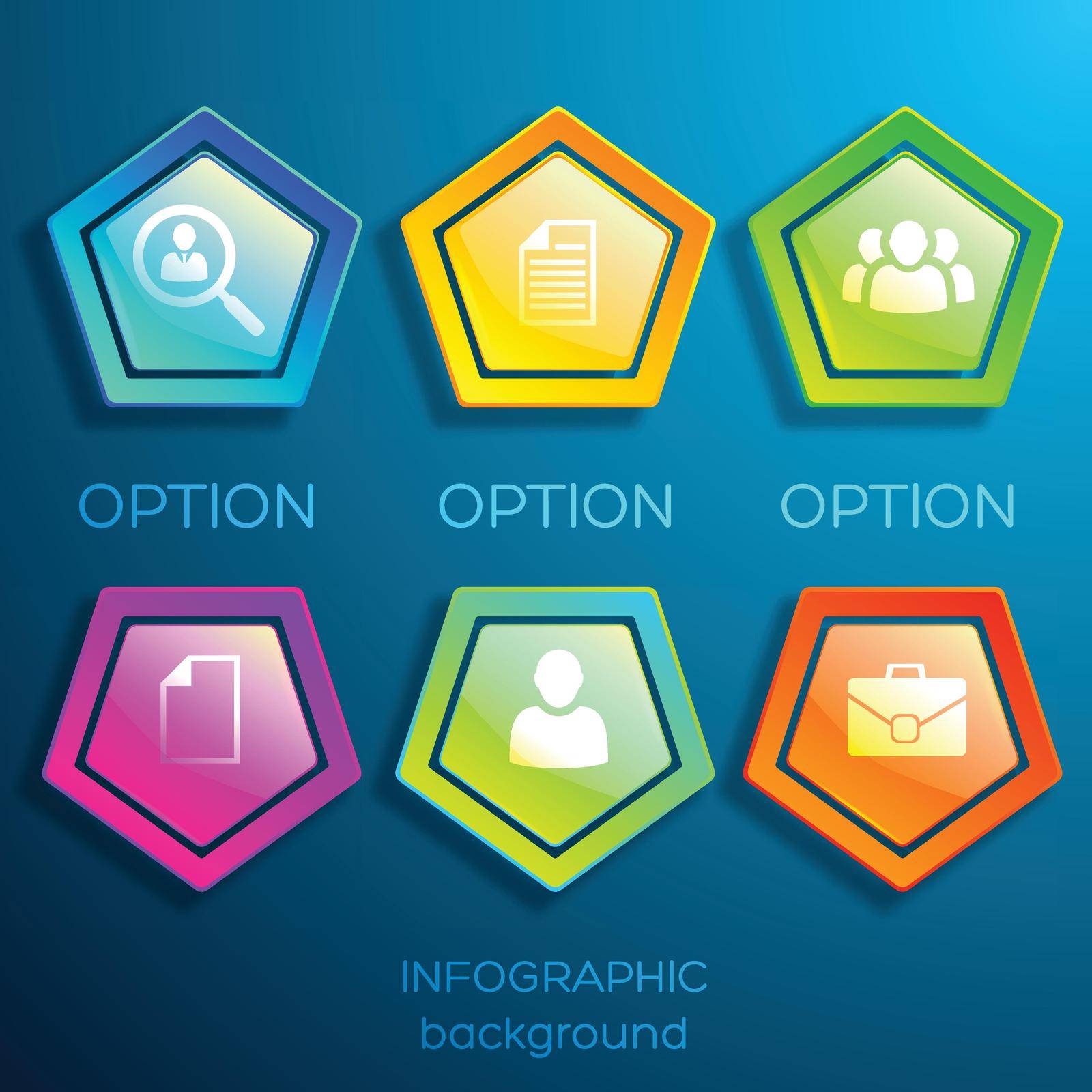 Business infographic template with six glossy colorful light hexagons and icons on blue background isolated vector illustration