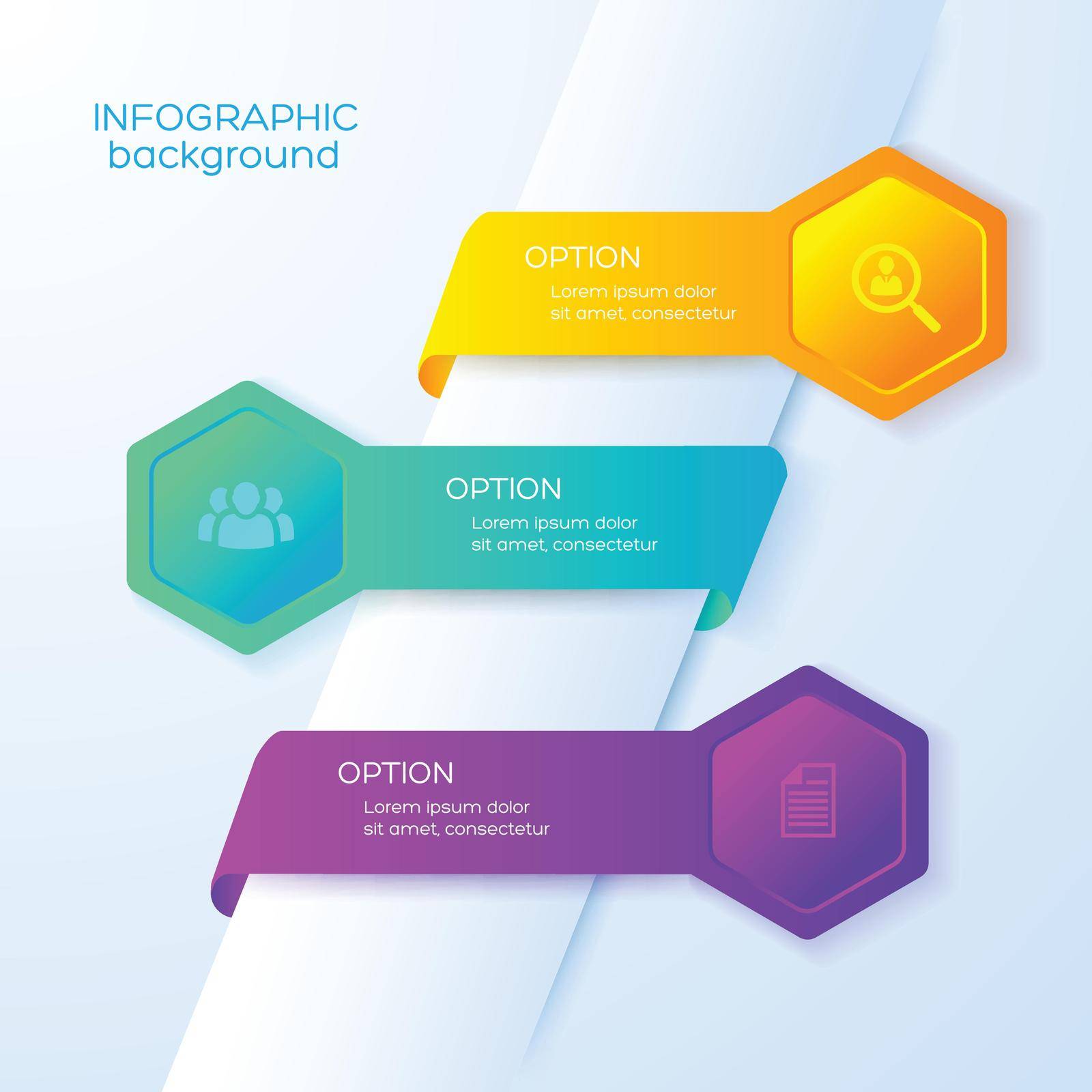Business options infographics with icons three bright colorful ribbons and hexagons on light background vector illustration