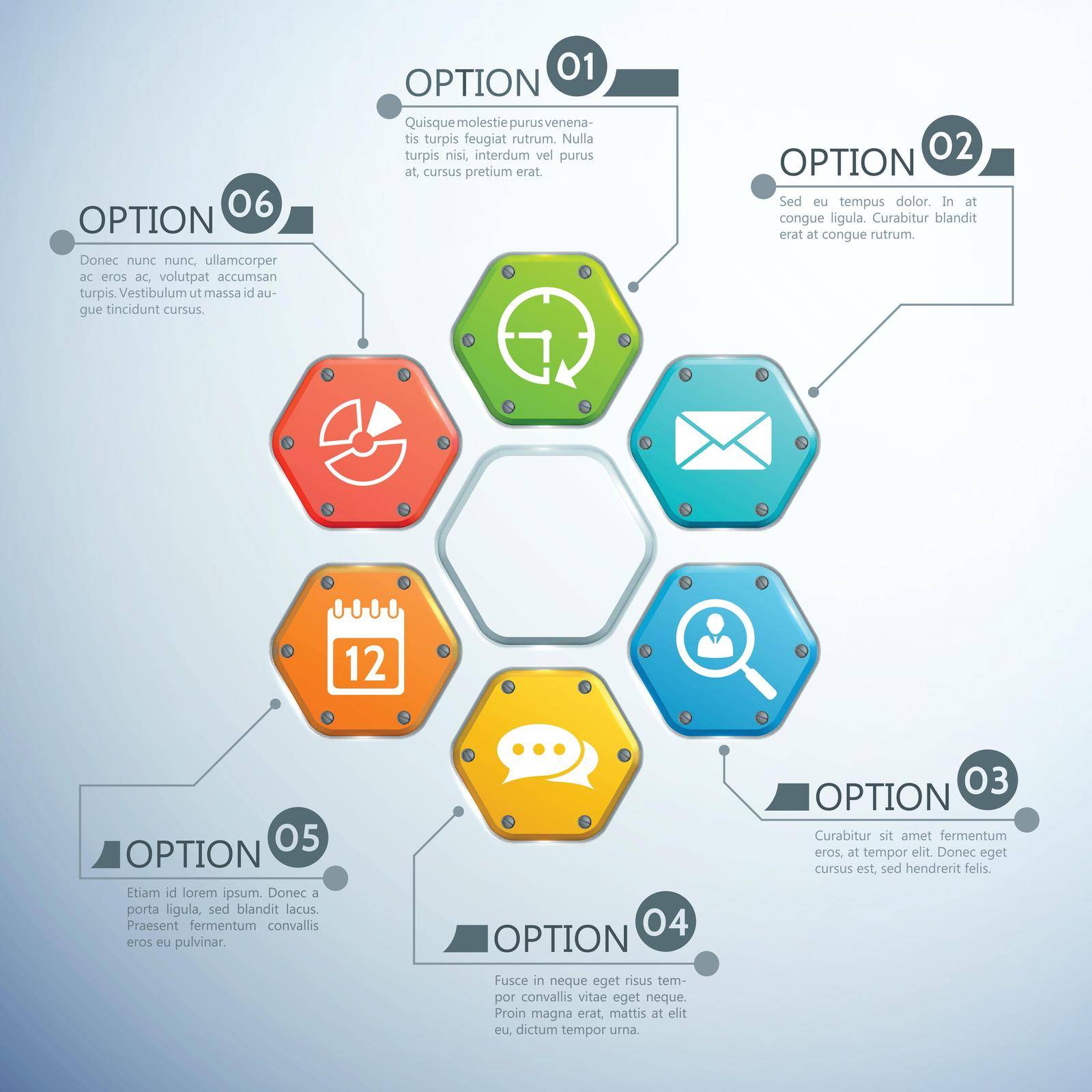 Business infographic design concept with colorful hexagons six options and white icons on gray background vector illustration