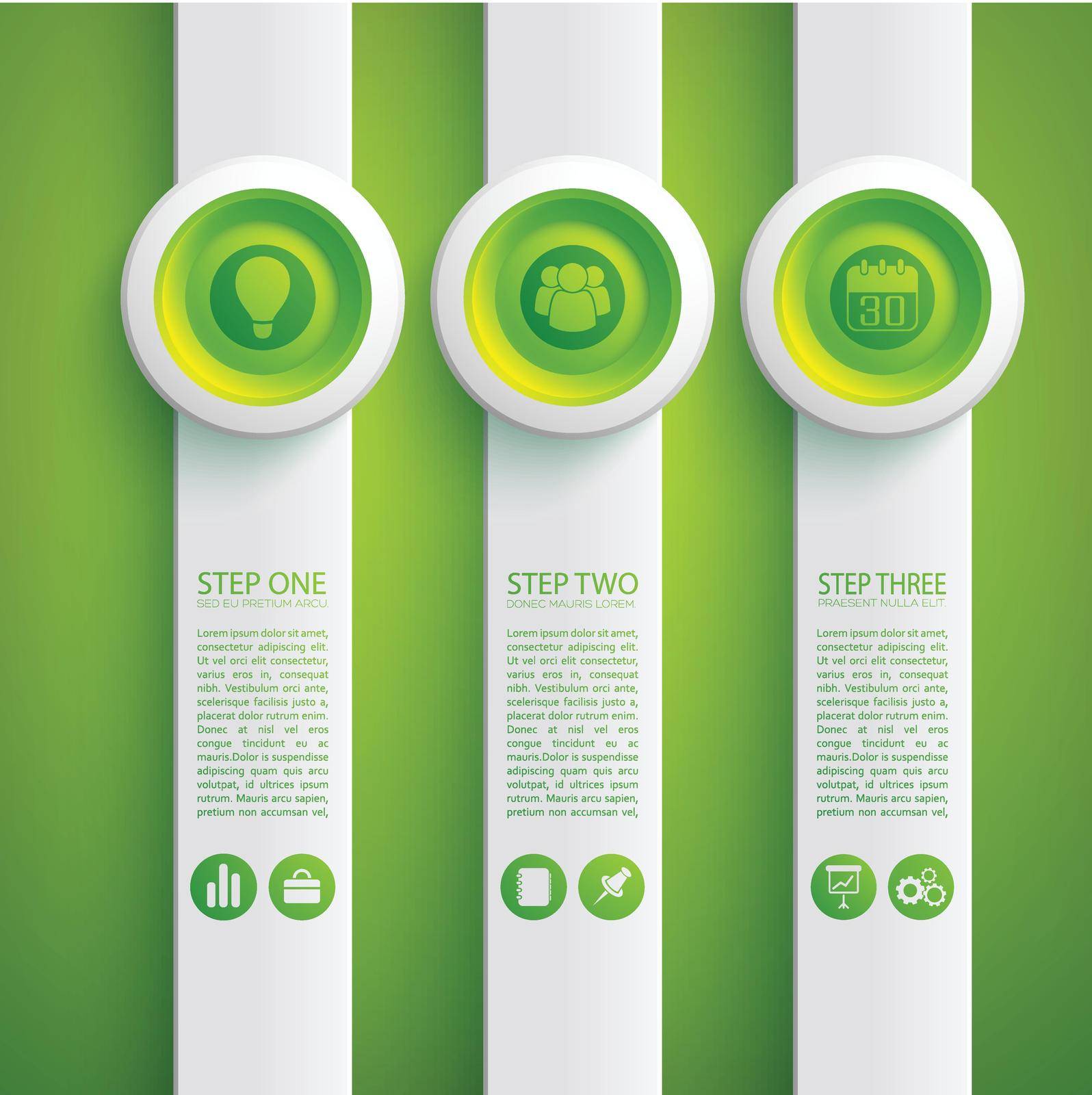 Business infographic concept with icons three gray vertical banners and round buttons on green background vector illustration