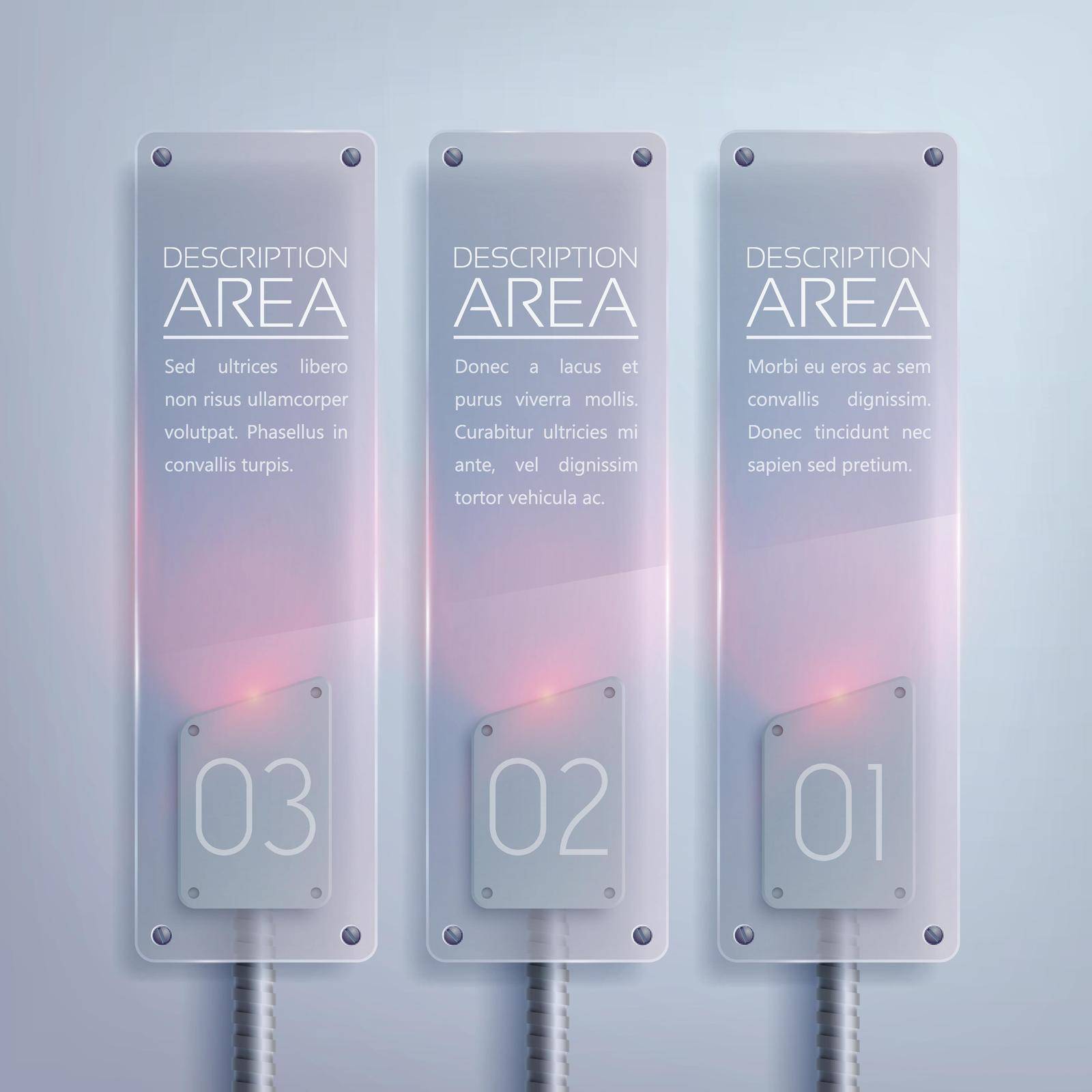Glass business vertical banners with electric backlight text and three options on gray background isolated vector illustration