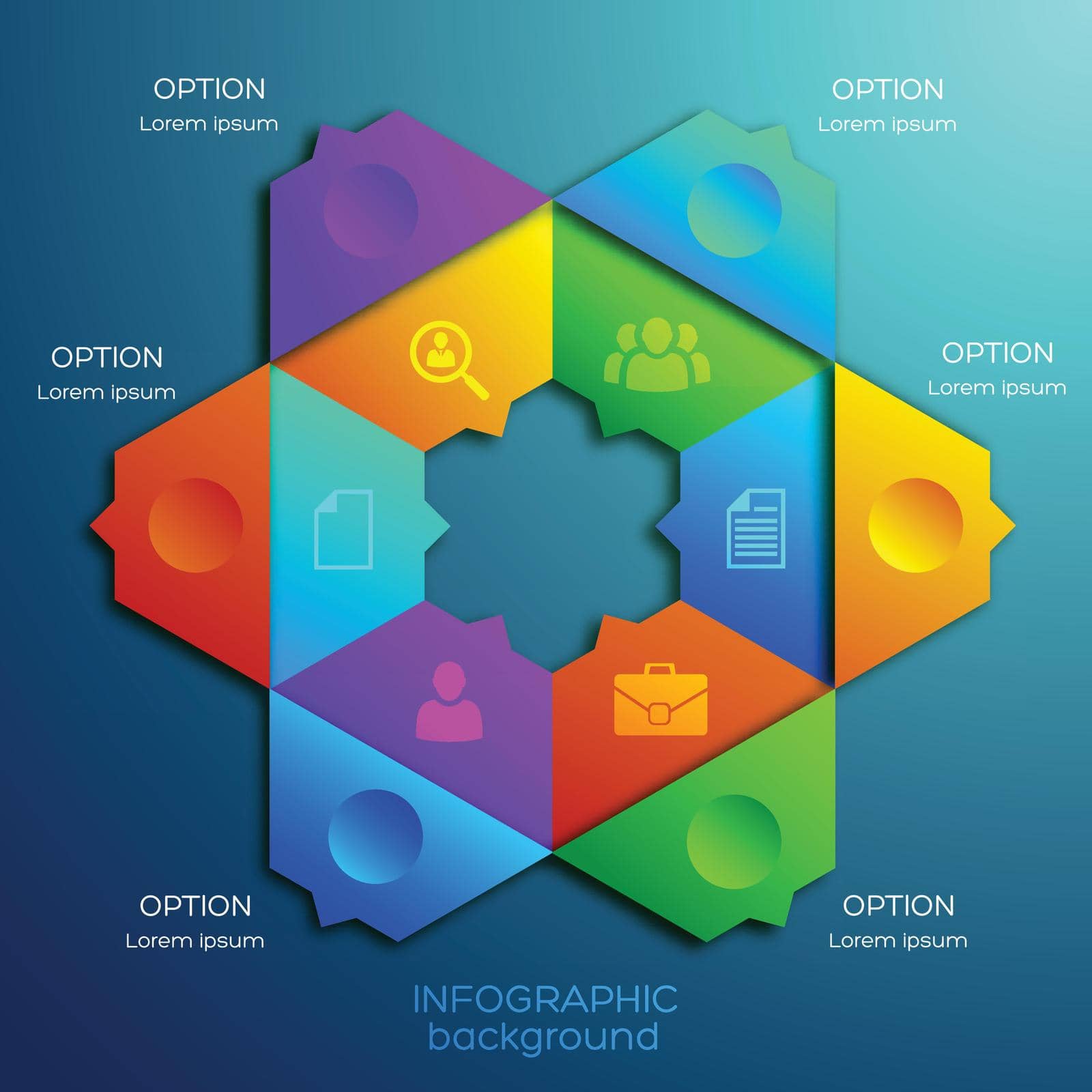 Business infographic design concept with colorful hexagonal diagram six options and icons vector illustration