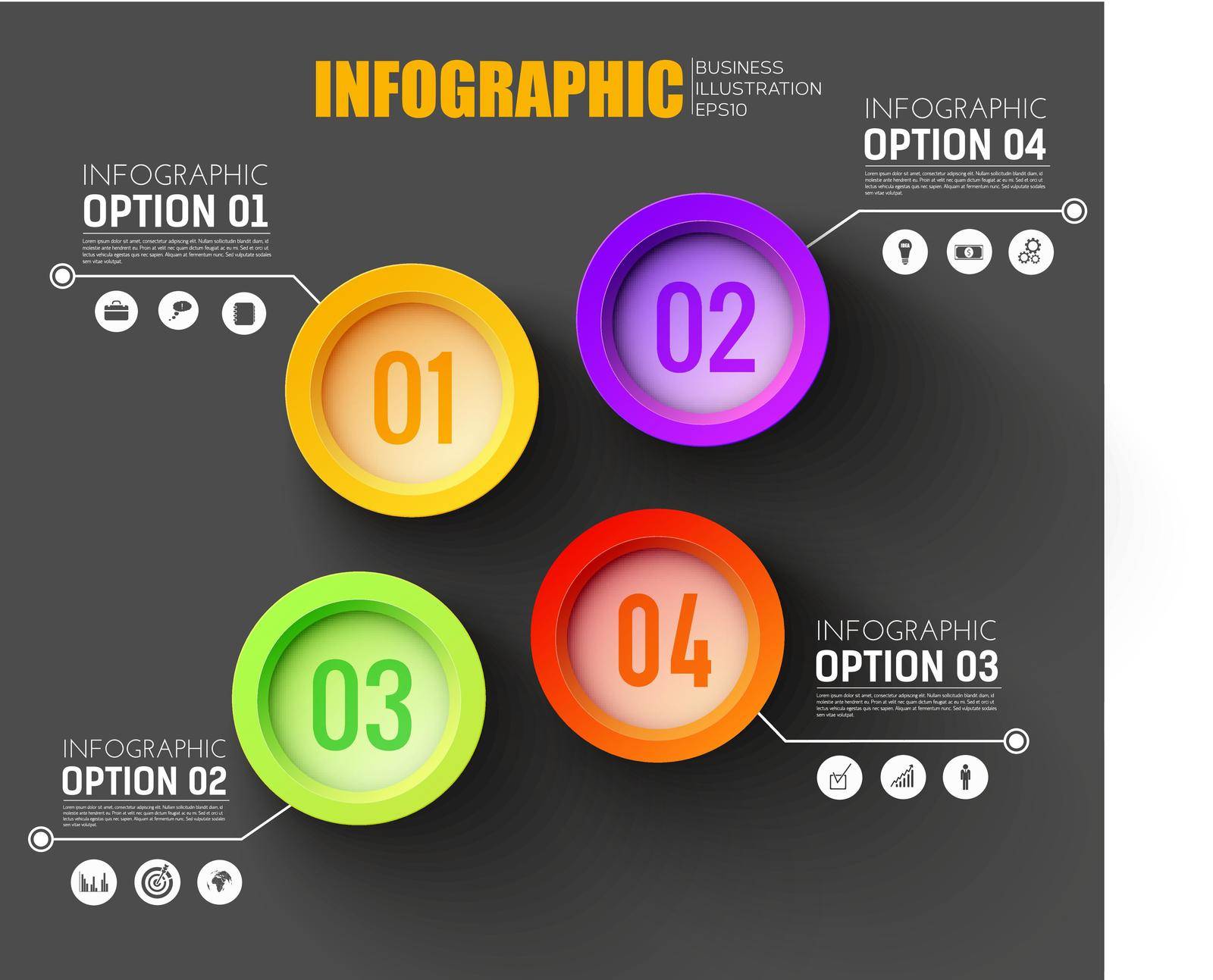 Business infographic layout for website with four colorful option buttons on black background flat vector Illustration 