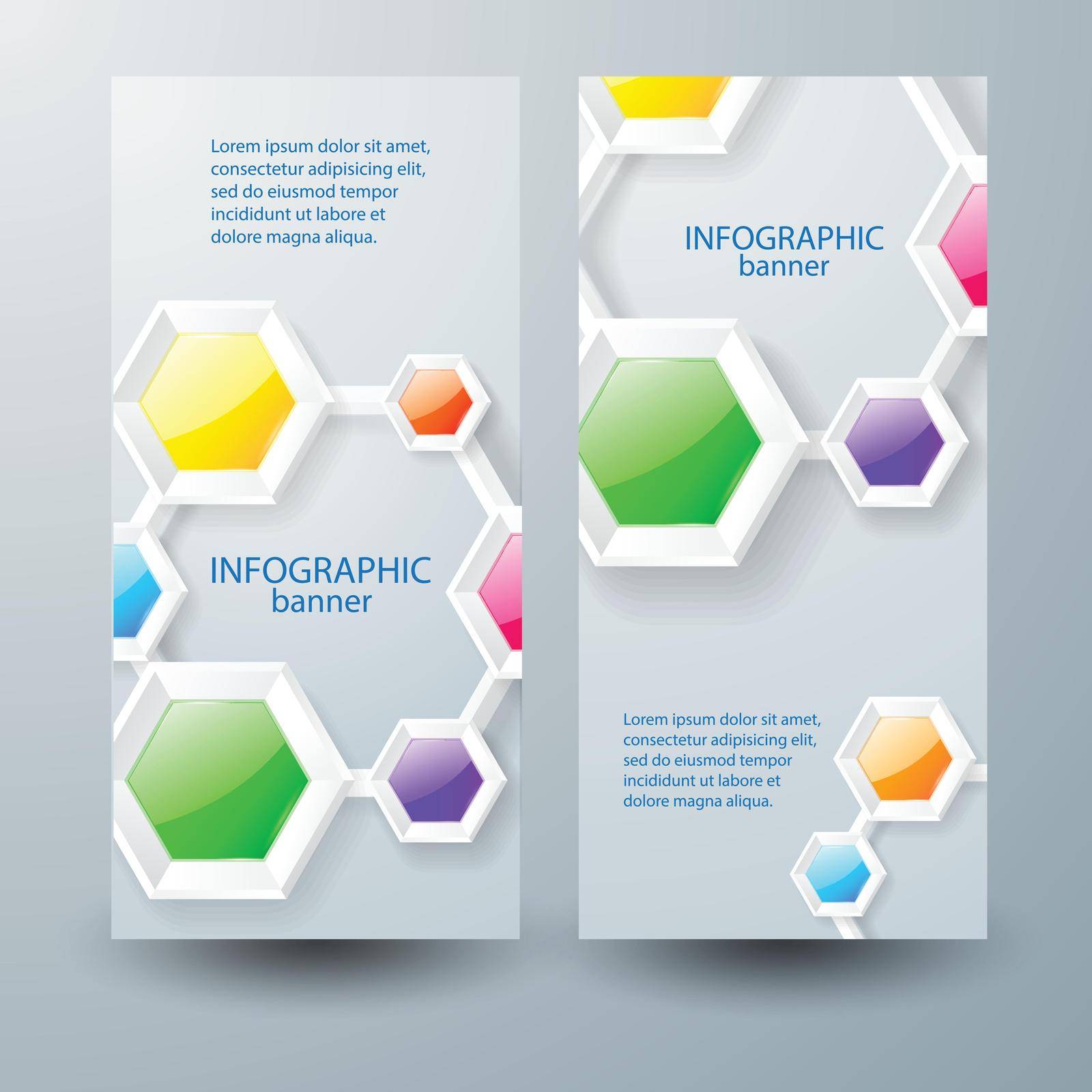 Abstract infographic business vertical banners with text colorful glossy connected hexagons on gray background isolated vector illustration