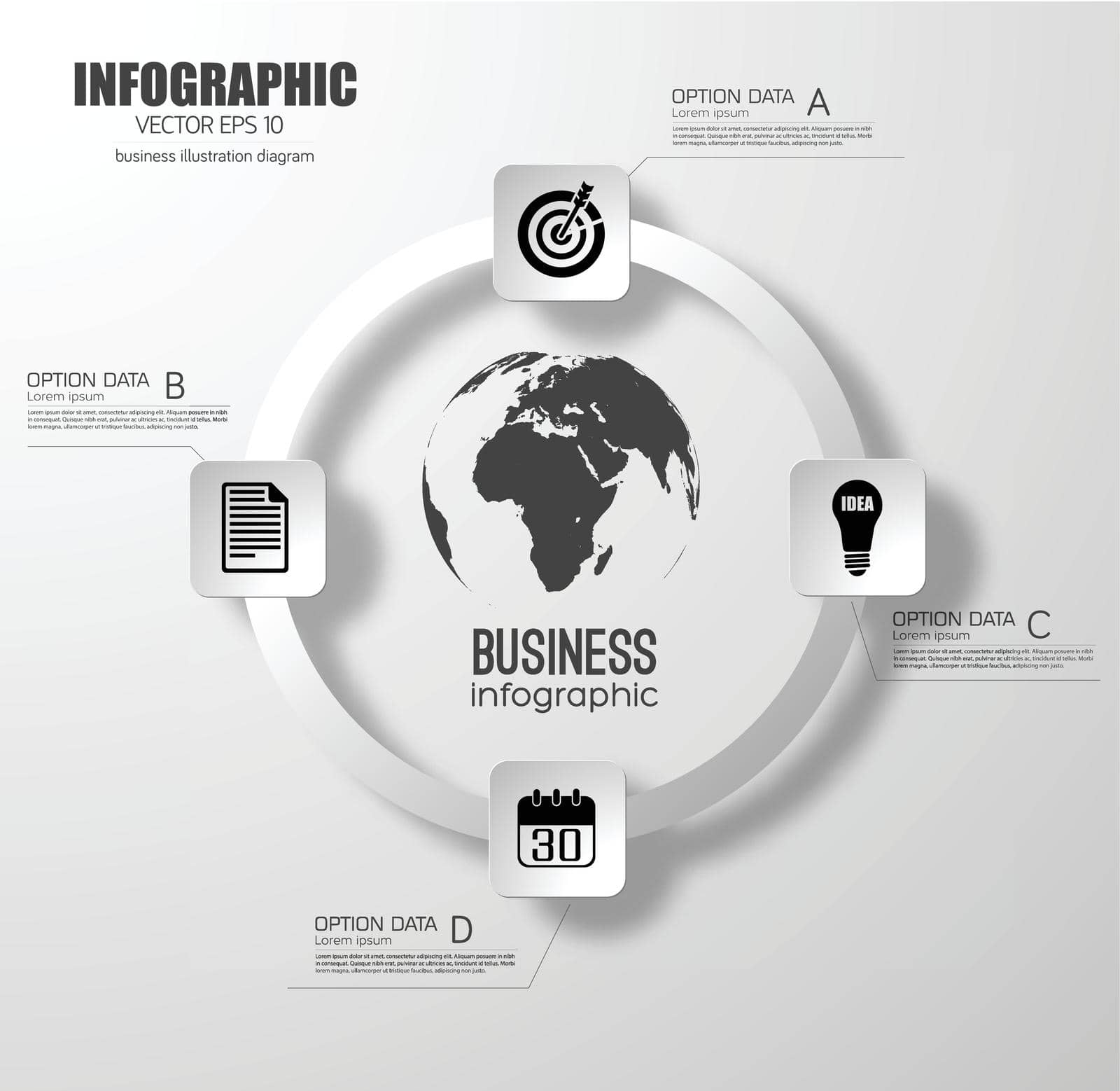 Business infographic design concept with light circle diagram four round squares options and icons vector illustration