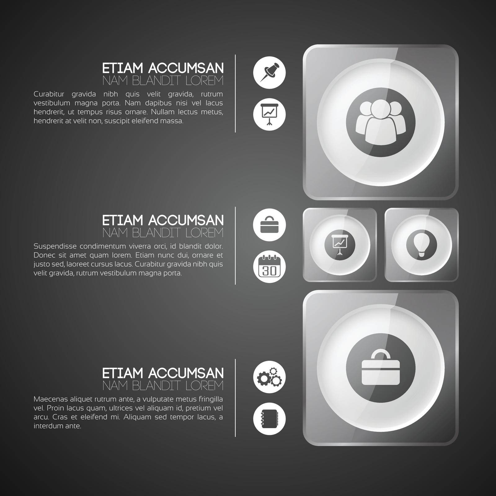 Abstract business infographics with gray web elements and icons on dark background vector illustration
