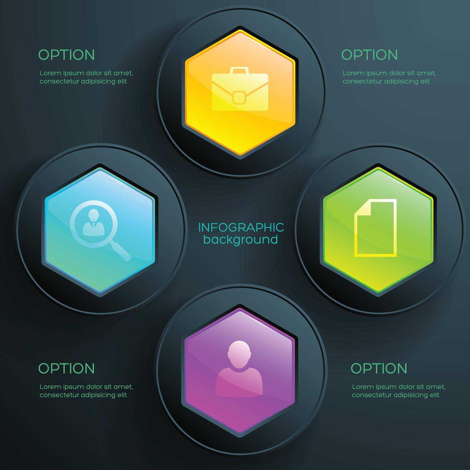 Business infographic diagram template with four options icons colorful glossy hexagons and dark round buttons vector illustration