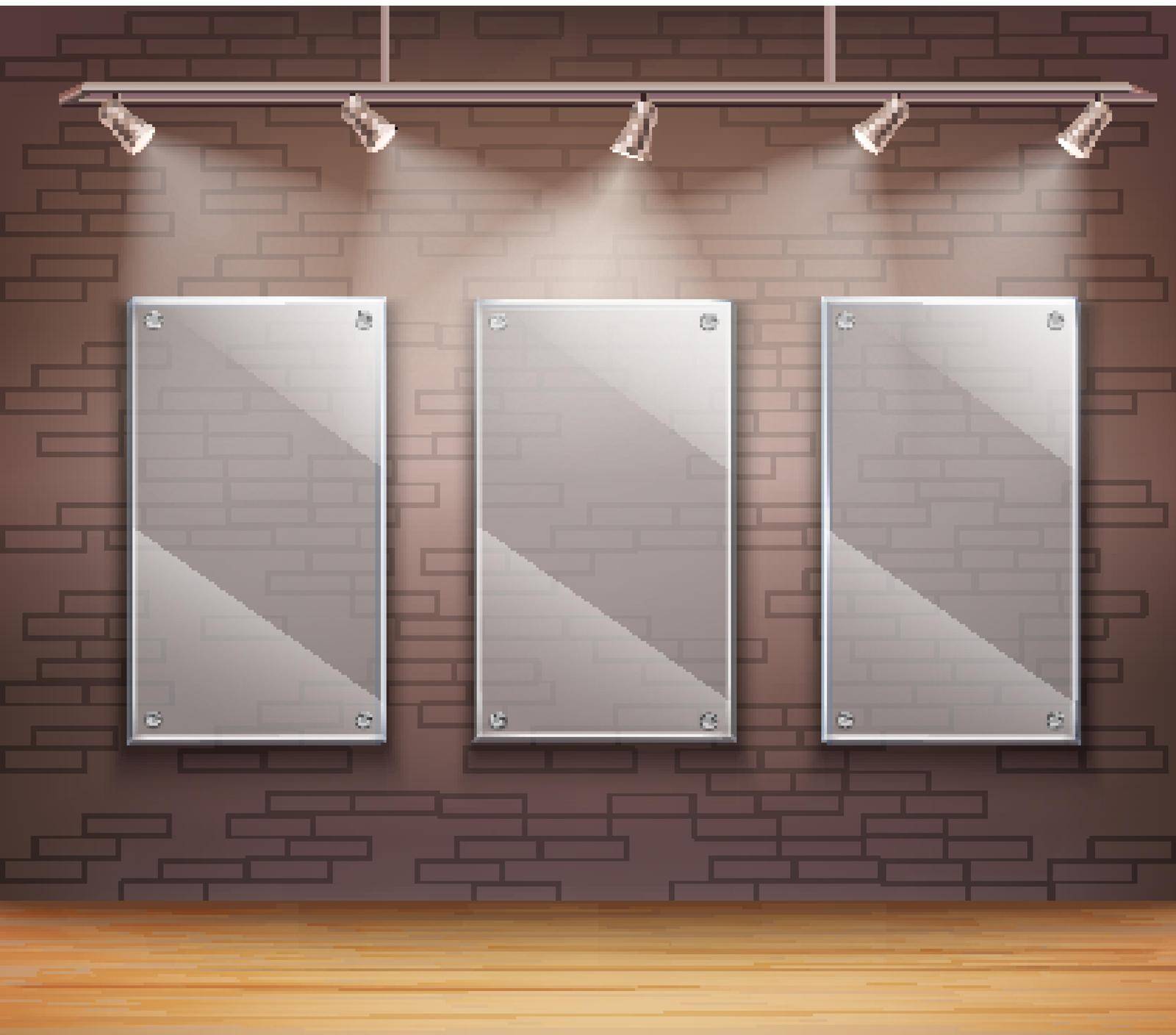 Gallery of 3 transparent glass frames on wall like background template for web design vector illustration