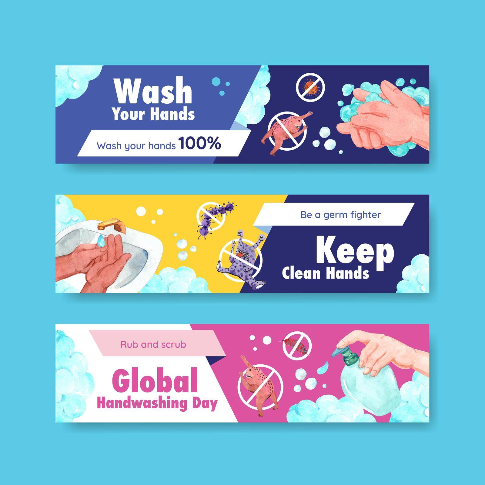 Banner template with global handwashing day concept design for advertise and marketing watercolor vector
